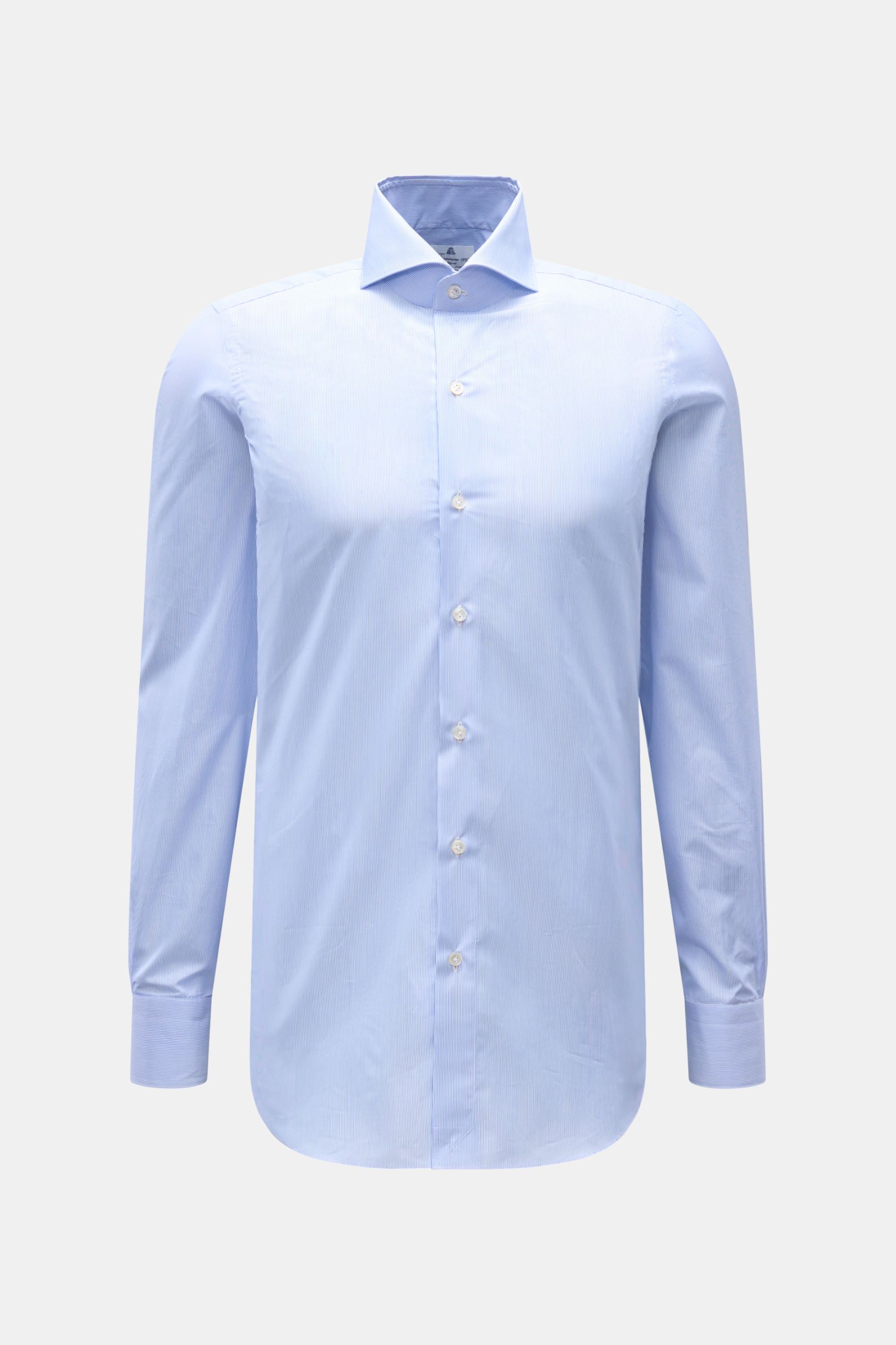 Finamore Business Hemd 'Sergio Milano' Haifisch-Kragen blau/weiß gestreift, reine Baumwolle, Extra Slim Fit, glatter Griff, Perlmuttknöpfe, Sportmanschette, gerundeter Saum, frontale Ansicht.