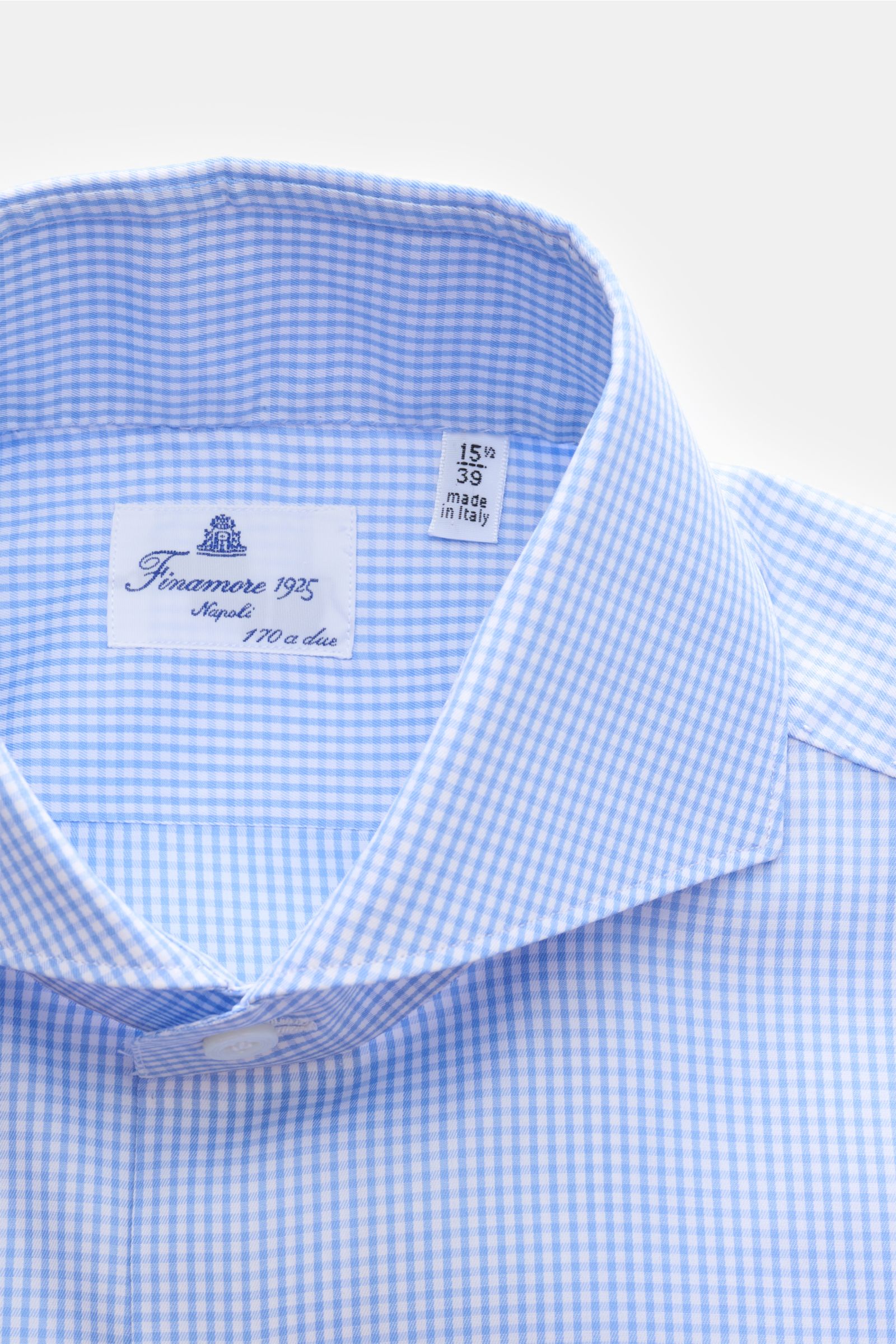 Finamore Business Hemd 'Sergio Milano' Haifisch-Kragen blau/weiß kariert, Detailansicht von oben, Gabardine Giza-Baumwolle, Extra Slim Fit.