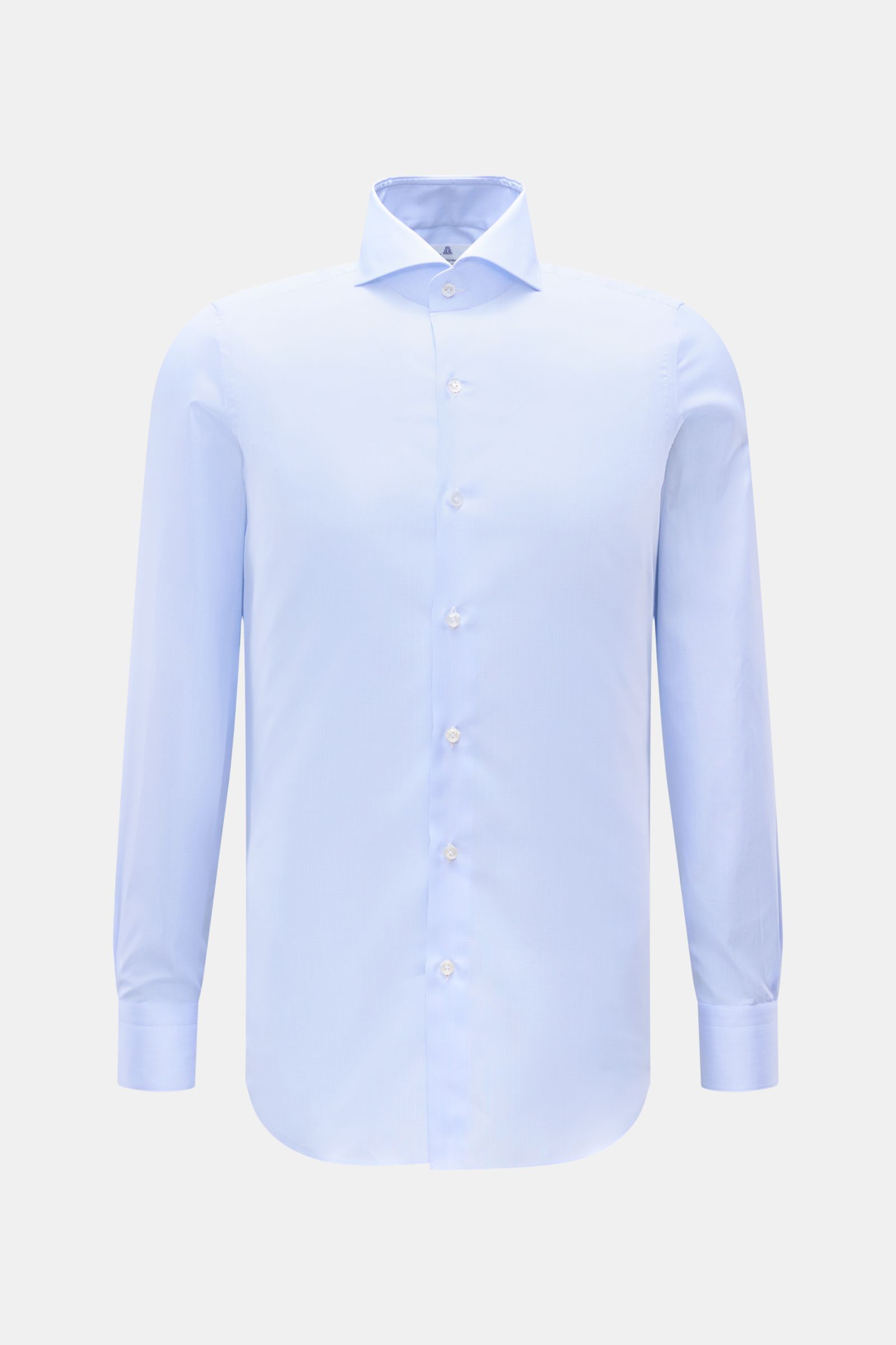 Finamore Business Hemd 'Sergio Milano' Haifisch-Kragen hellblau/weiß kariert, reine Baumwolle, tonaler Glencheck, Extra Slim Fit, glatter Griff, Sportmanschette, gerundeter Saum, Frontansicht.