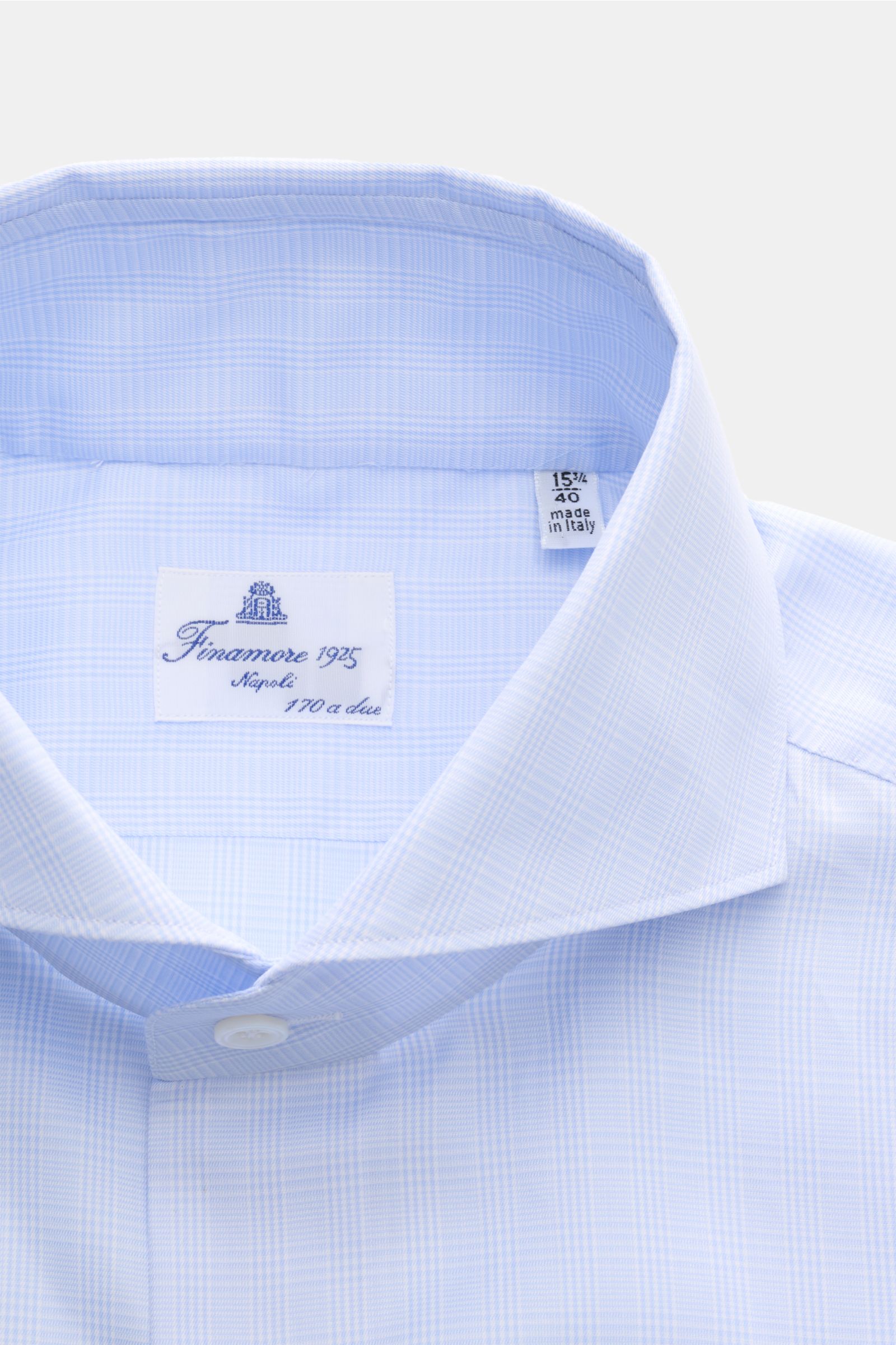 Finamore Business Hemd 'Sergio Milano' Haifisch-Kragen hellblau/weiß kariert, Detailansicht von oben, reine Baumwolle, glatter Griff, Glencheck, Extra Slim Fit.