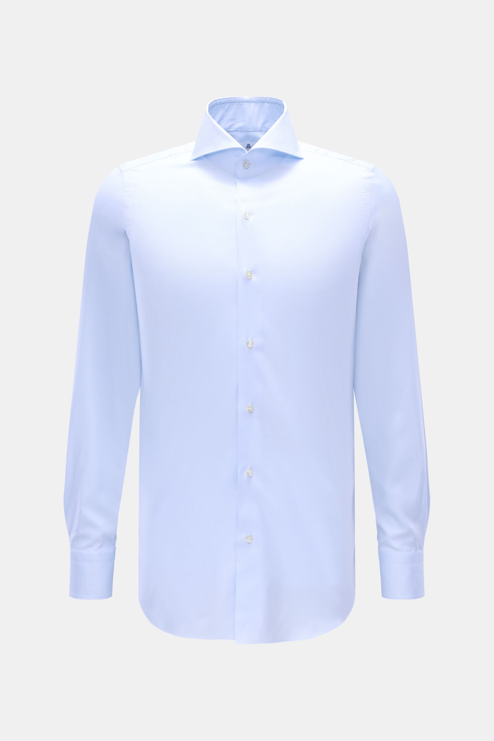 Finamore Oxford-Hemd 'Sergio Milano' Haifisch-Kragen hellblau, frontale Ansicht, Extra Slim Fit, reine Giza-Baumwolle, glatter Griff, französische Knopfleiste, Sportmanschette, gerundeter Saum.