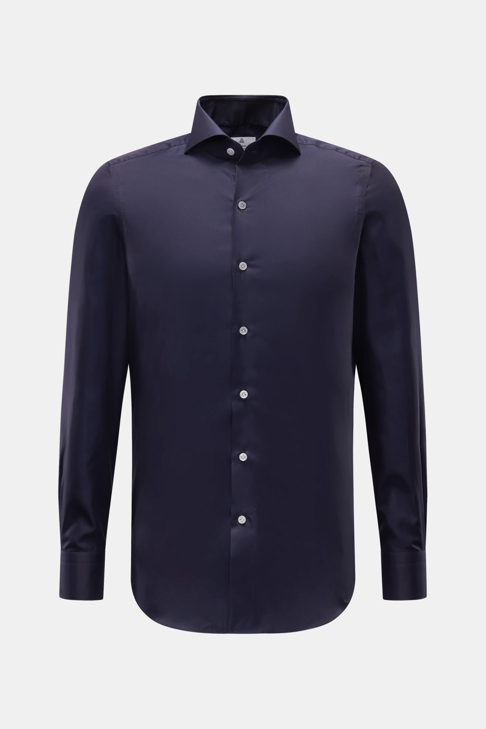 Finamore Business Hemd 'Sergio Milano' Haifisch-Kragen navy, frontale Ansicht, Extra Slim Fit, Giza-Baumwolle, klassische Sportmanschette, französische Knopfleiste.