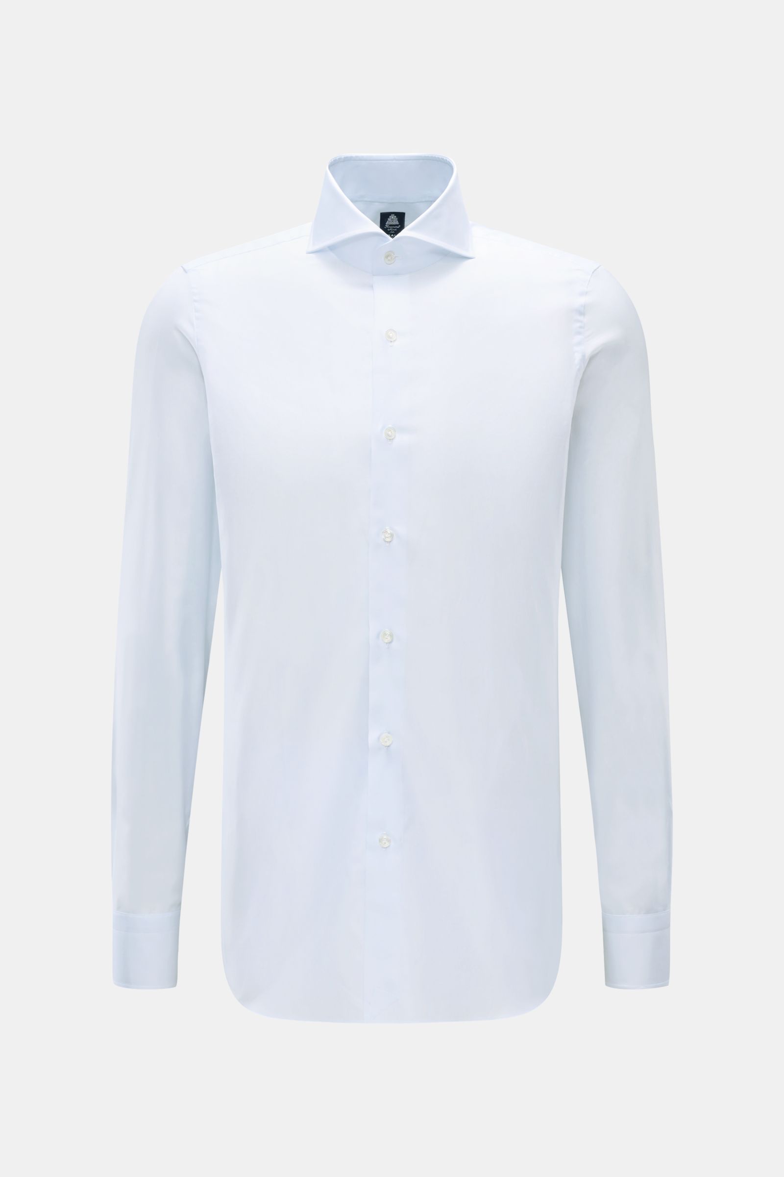 Finamore Business Hemd 'Sergio Napoli' Haifisch-Kragen pastellblau, feinste Baumwolle, Regular Fit, glatter Griff, Sportmanschette, frontal fotografiert.