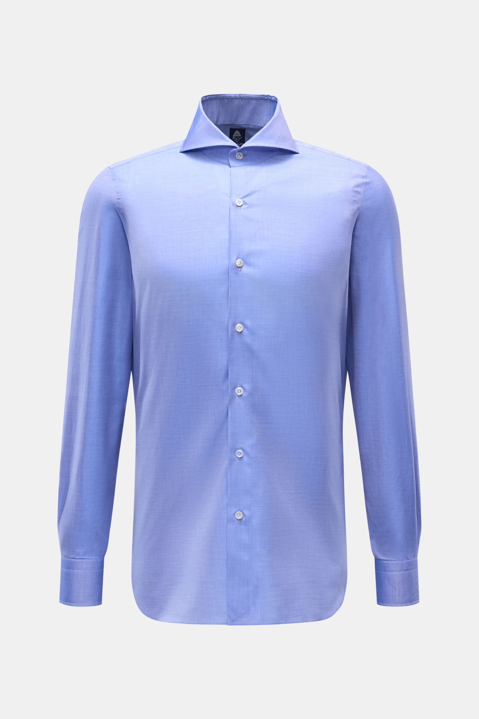 Finamore Business Hemd 'Sergio Napoli' Haifisch-Kragen blau, Frontansicht, reine Baumwolle, Regular Fit, glatter Griff, französische Knopfleiste, Sportmanschette.