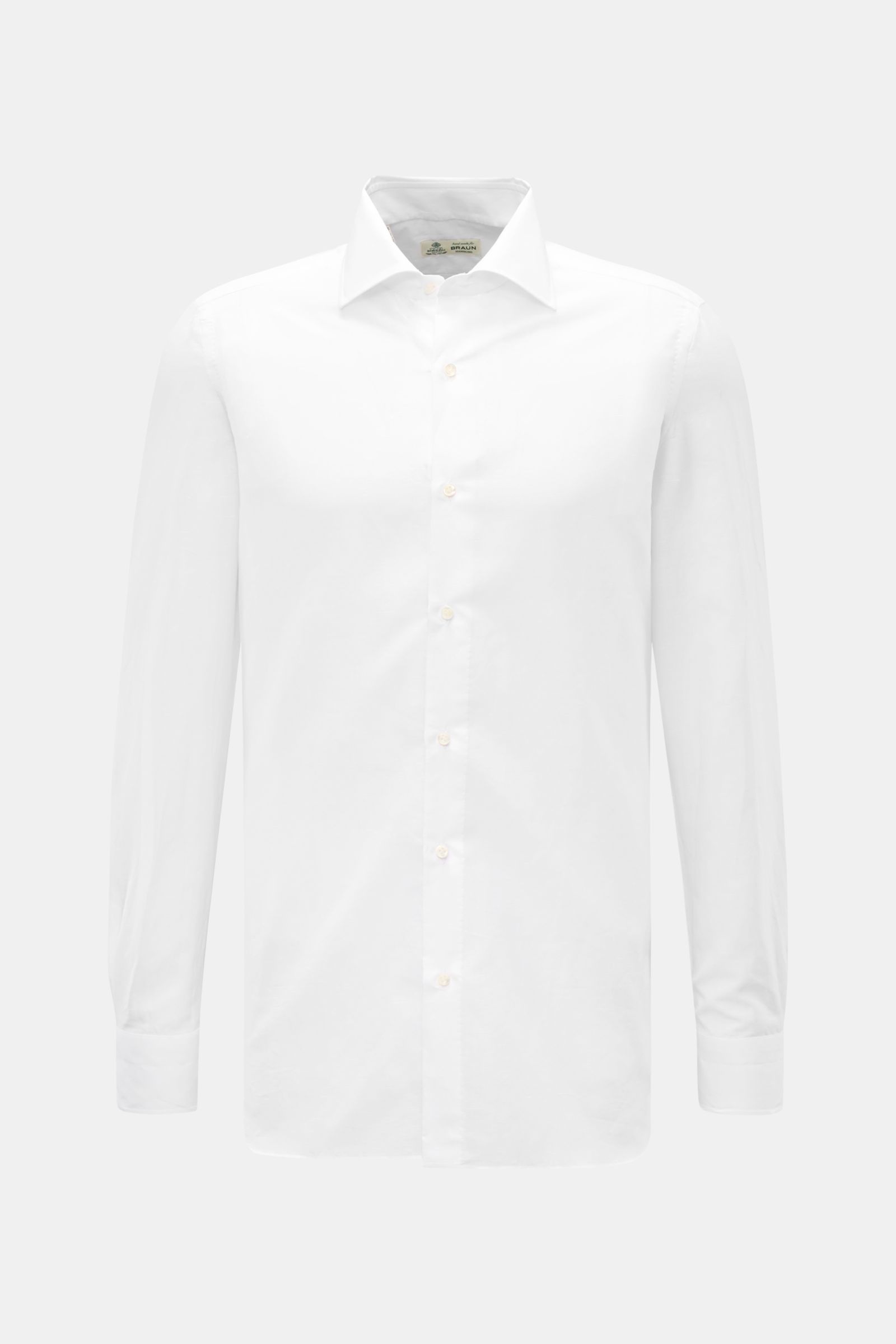 Borrelli Business Hemd 'Luciano' Kent-Kragen weiß, Slim Fit, Leinen-Baumwoll-Mix, glatter Griff, Perlmuttknöpfe, Sportmanschette, frontale Ansicht.