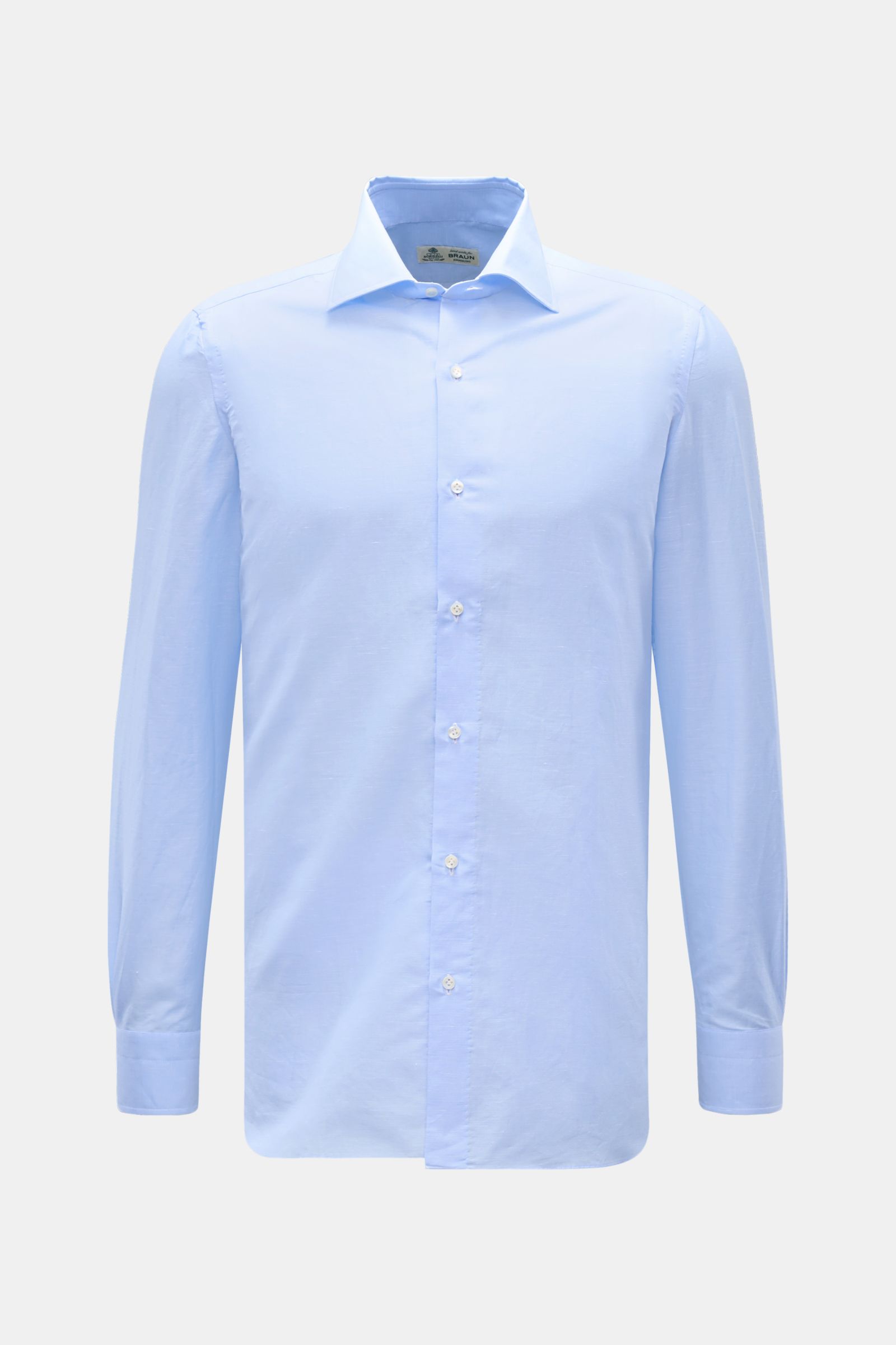 Borrelli Business Hemd 'Luciano' Kent-Kragen hellblau, Slim Fit, Leinen-Baumwoll-Mix, glatter Griff, französische Knopfleiste, Sportmanschette, gerundeter Saum, Vorderansicht.