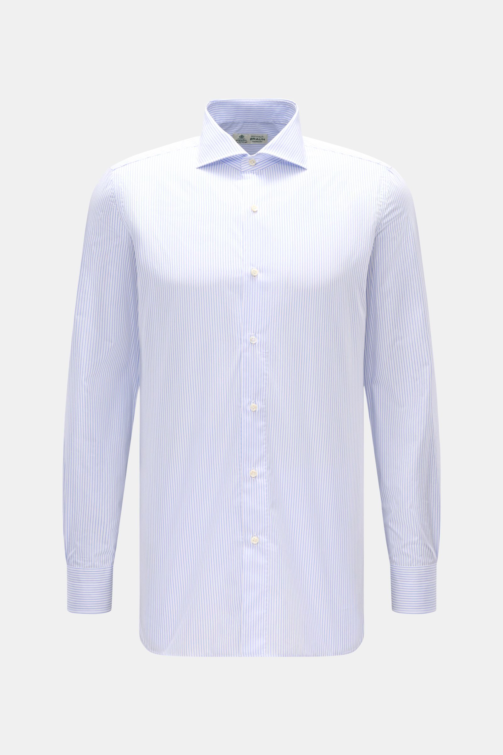 Borrelli Business Hemd 'Nando' Haifisch-Kragen blau/weiß gestreift, Slim Fit, reine Baumwolle, Perlmuttknöpfe, Sportmanschette, frontale Ansicht