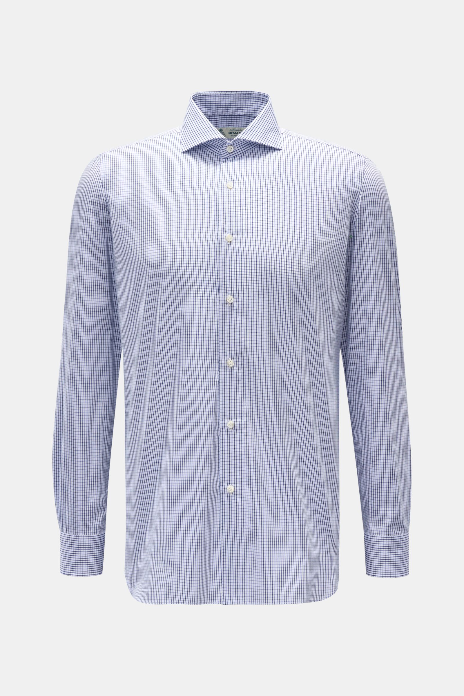 Borrelli Business Hemd 'Nando' Haifisch-Kragen navy/weiß kariert, Slim Fit, reine Baumwolle, weiche leichte Qualität, frontal fotografiert.