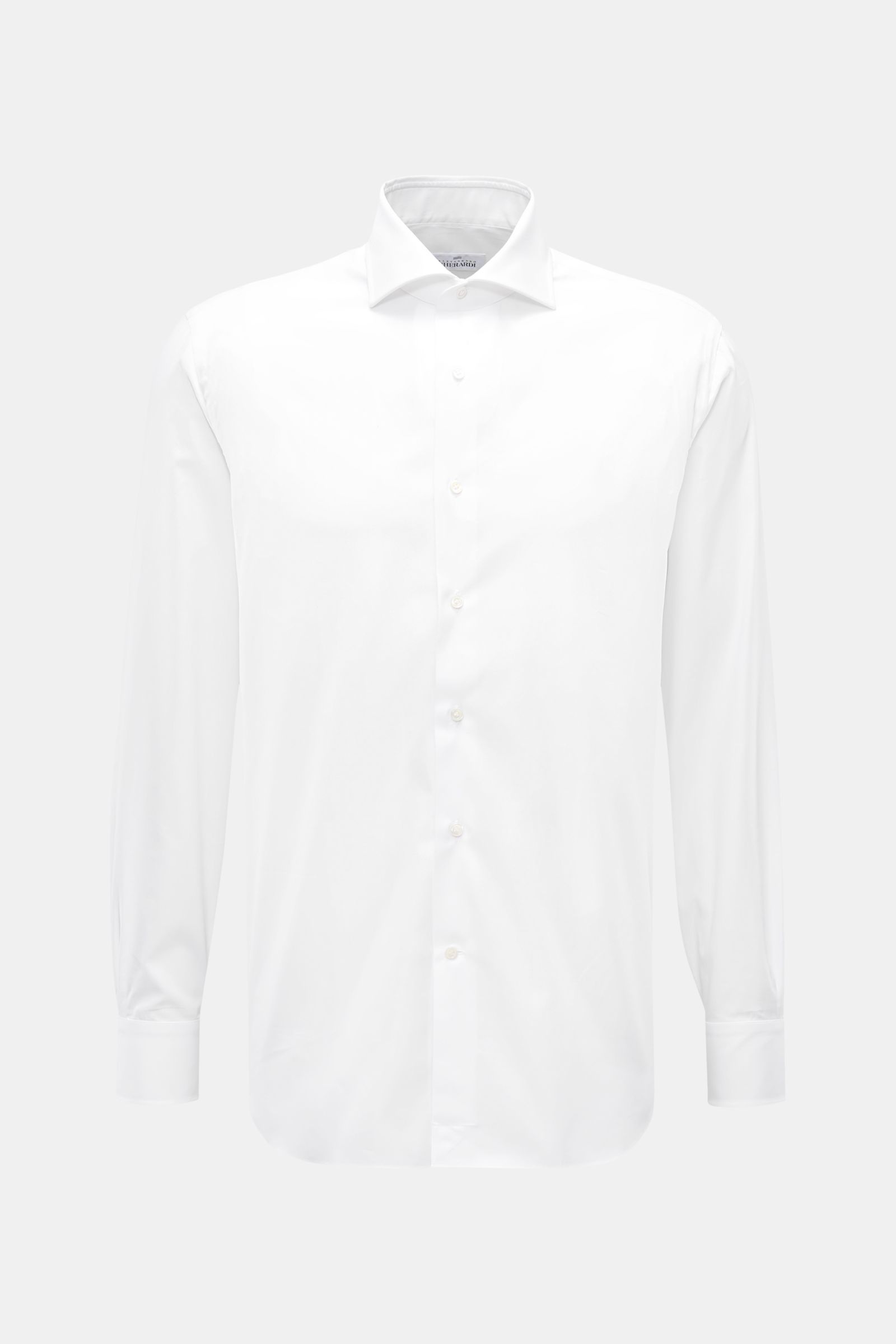 Front view of Gherardi Business shirt shark collar white, made of pure cotton gabardine with smooth touch, lightweight fabric, slim fit, shark collar, French button placket, classic barrel cuffs, split back yoke, waist darts at the back, and rounded hem.