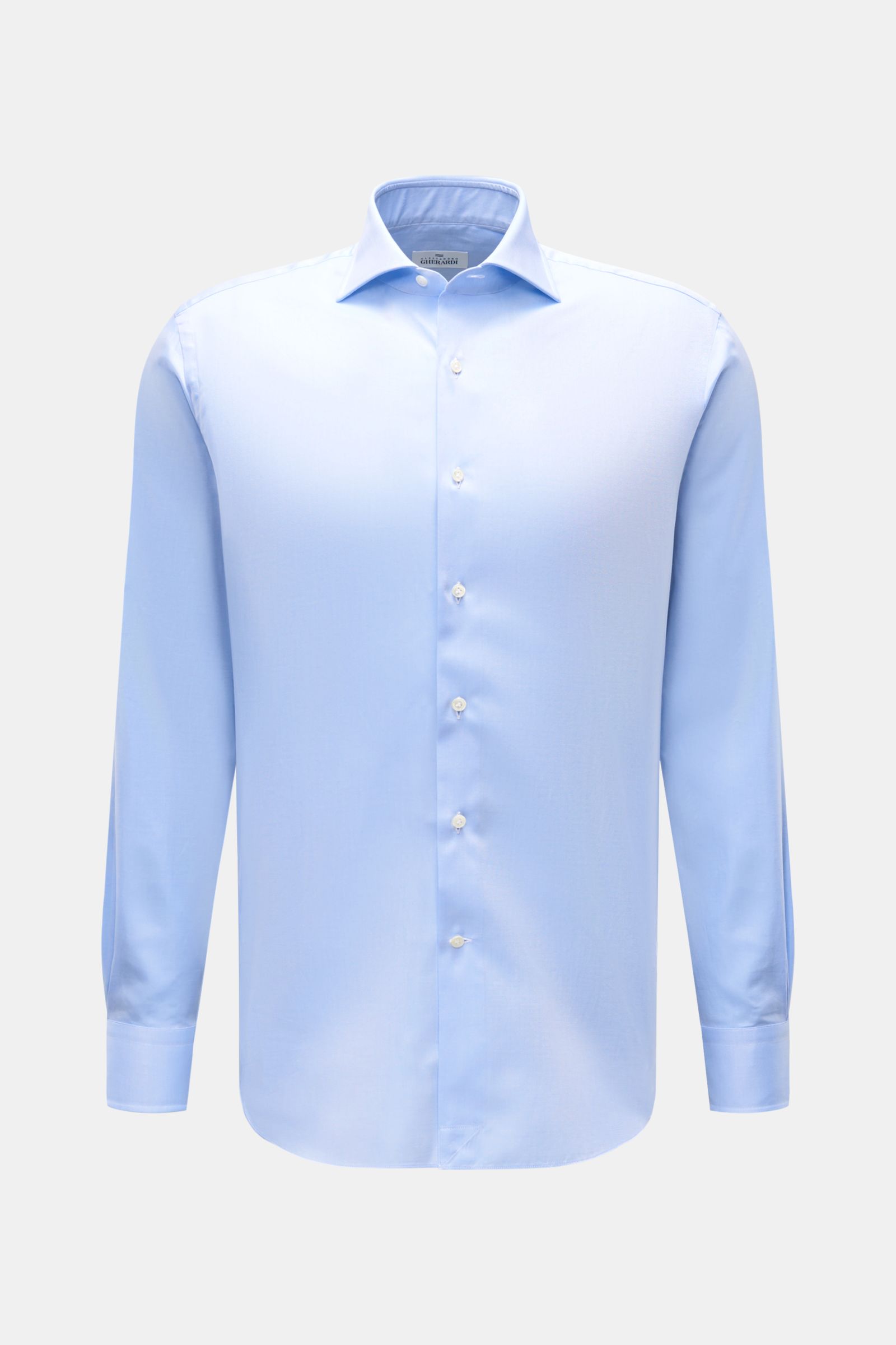 Gherardi Business Hemd Haifisch-Kragen hellblau, extra Slim Fit, Gabardine Baumwolle, glatter Griff, Sportmanschette, Frontansicht, gerundeter Saum.
