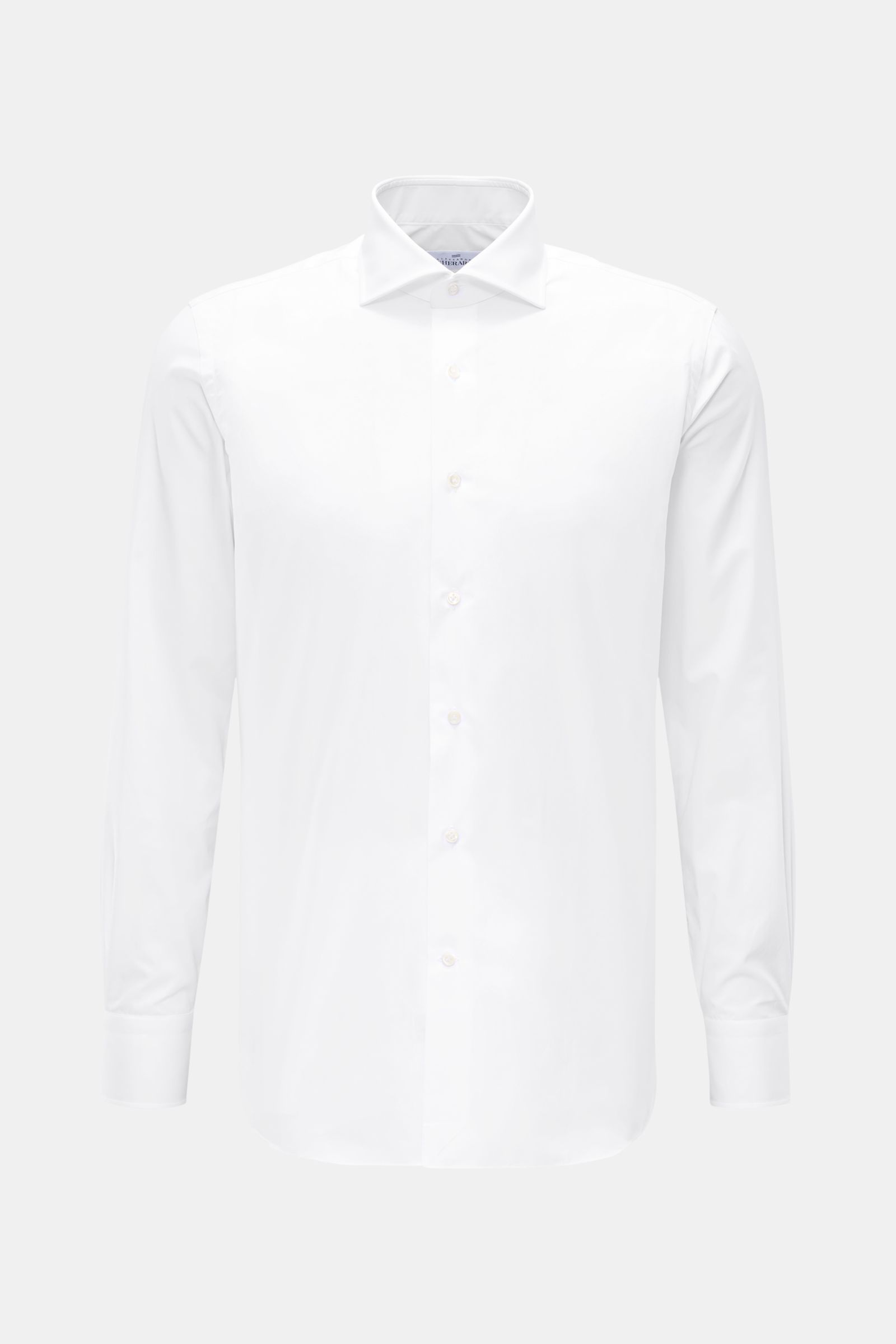 Front view of Gherardi Business shirt shark collar white, an elegant slim fit white shirt with barrel cuffs and French button placket.

This elegant business shirt with barrel cuffs by GHERARDI is made of the finest, premium quality cotton that combine