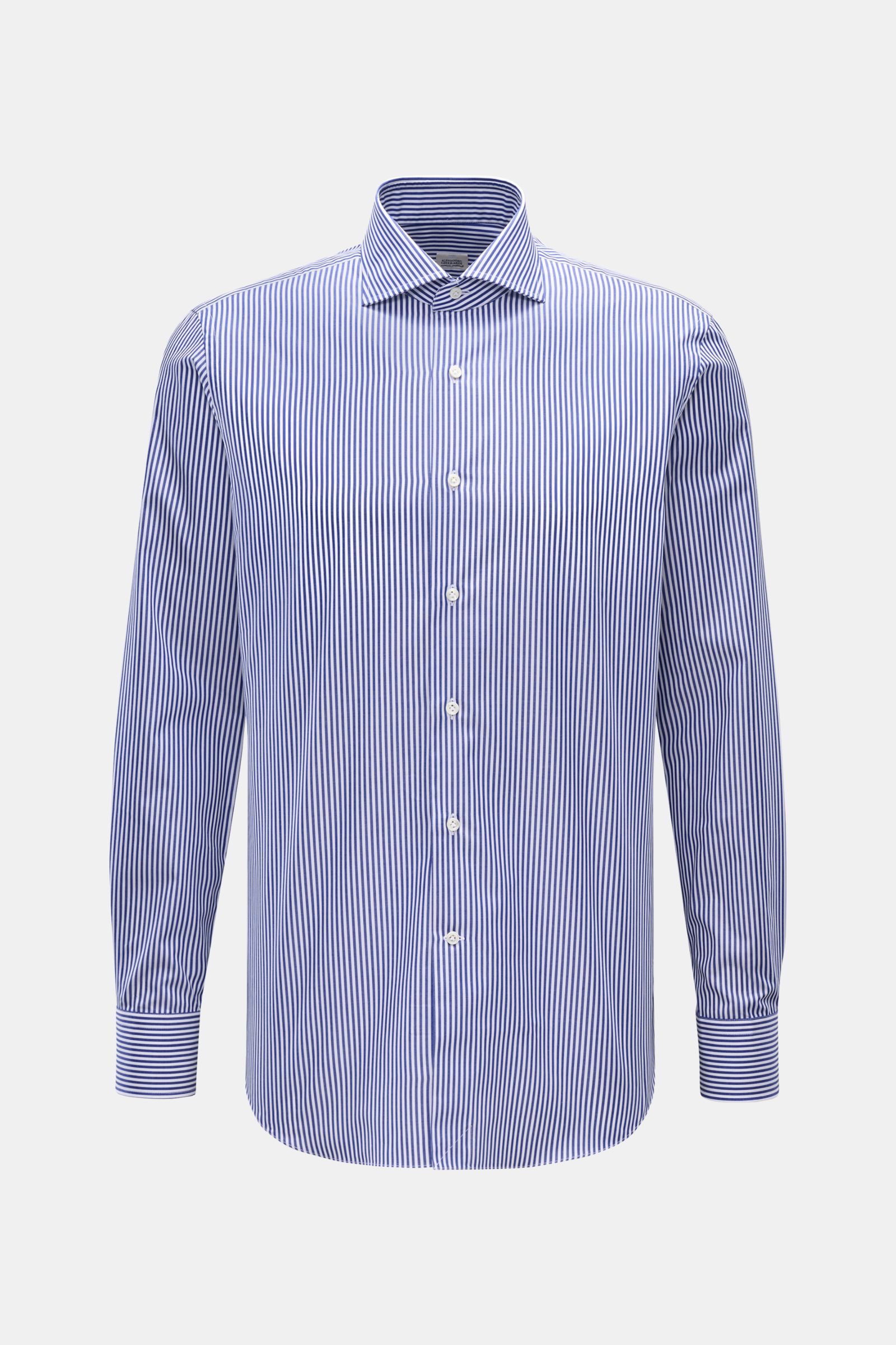 Gherardi Business Hemd Haifisch-Kragen navy/weiß gestreift, frontale Aufnahme, reine Baumwolle, extra Slim Fit, französische Knopfleiste, Sportmanschette.