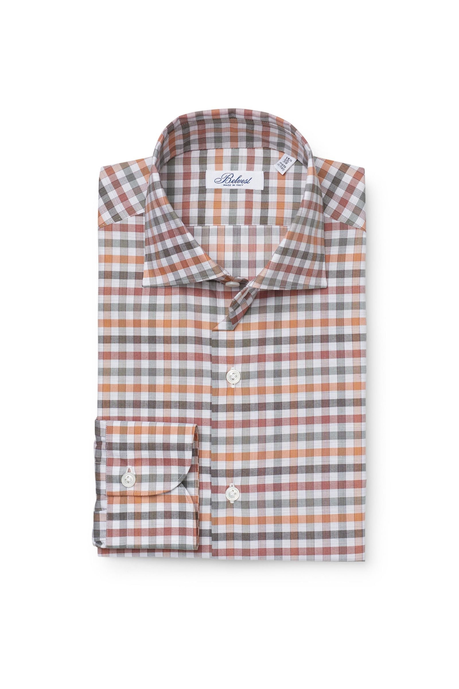 Business shirt shark collar orange/olive, checked