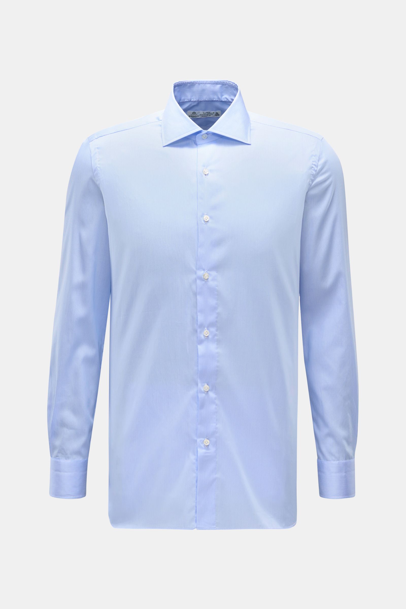 Borrelli Business Hemd 'Luciano' Haifisch-Kragen hellblau/weiß gestreift, frontal, Popeline Baumwolle, leichter Griff, Slim Fit, Perlmuttknöpfe, Sportmanschette, gerundeter Saum.