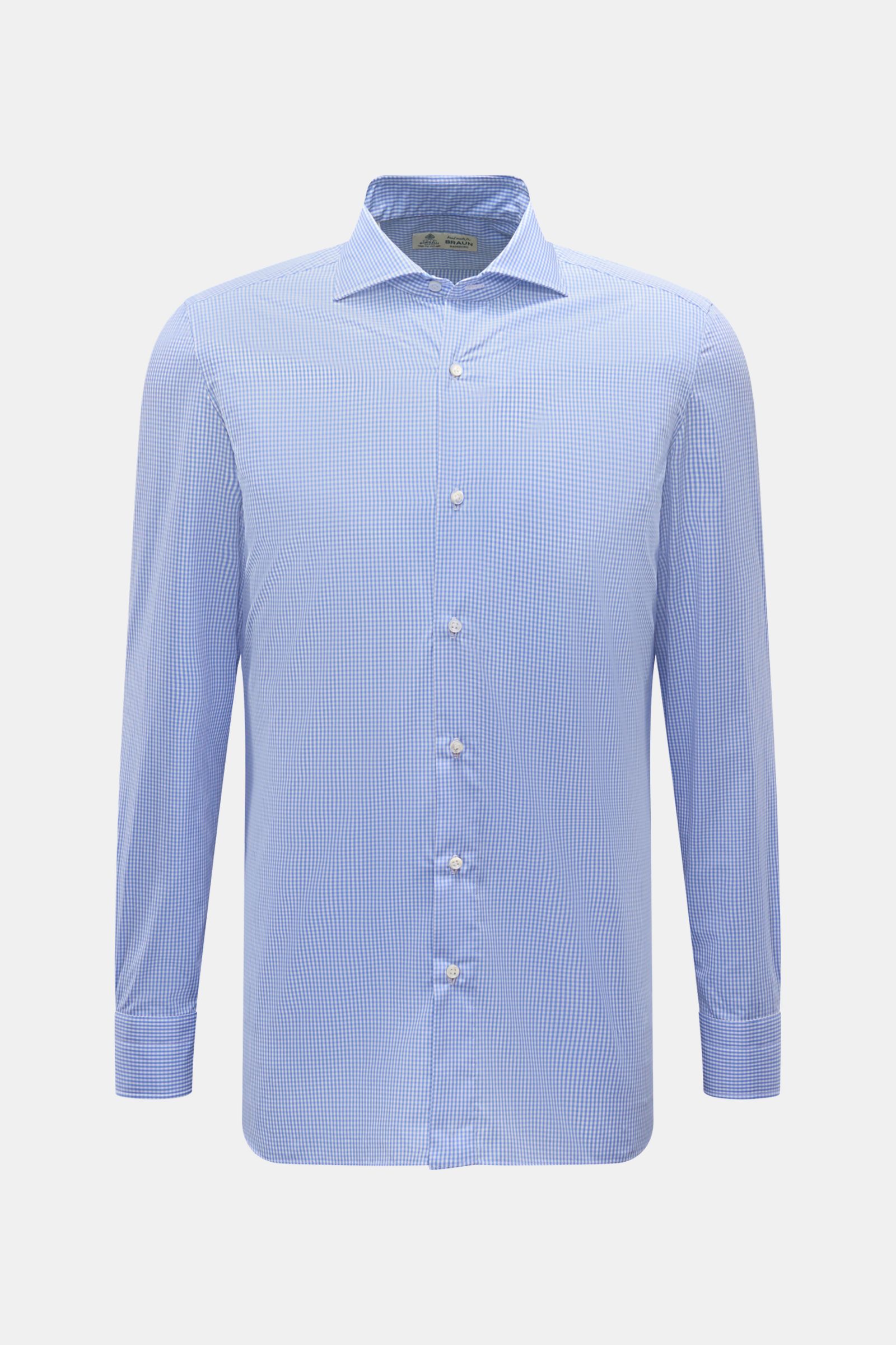 Front view of Borrelli Business shirt 'Nando' shark collar blue/white checked, pure cotton popeline, light smooth touch, classic striped pattern, slim fit, French button placket with mother-of-pearl buttons, classic barrel cuffs, rounded hem.