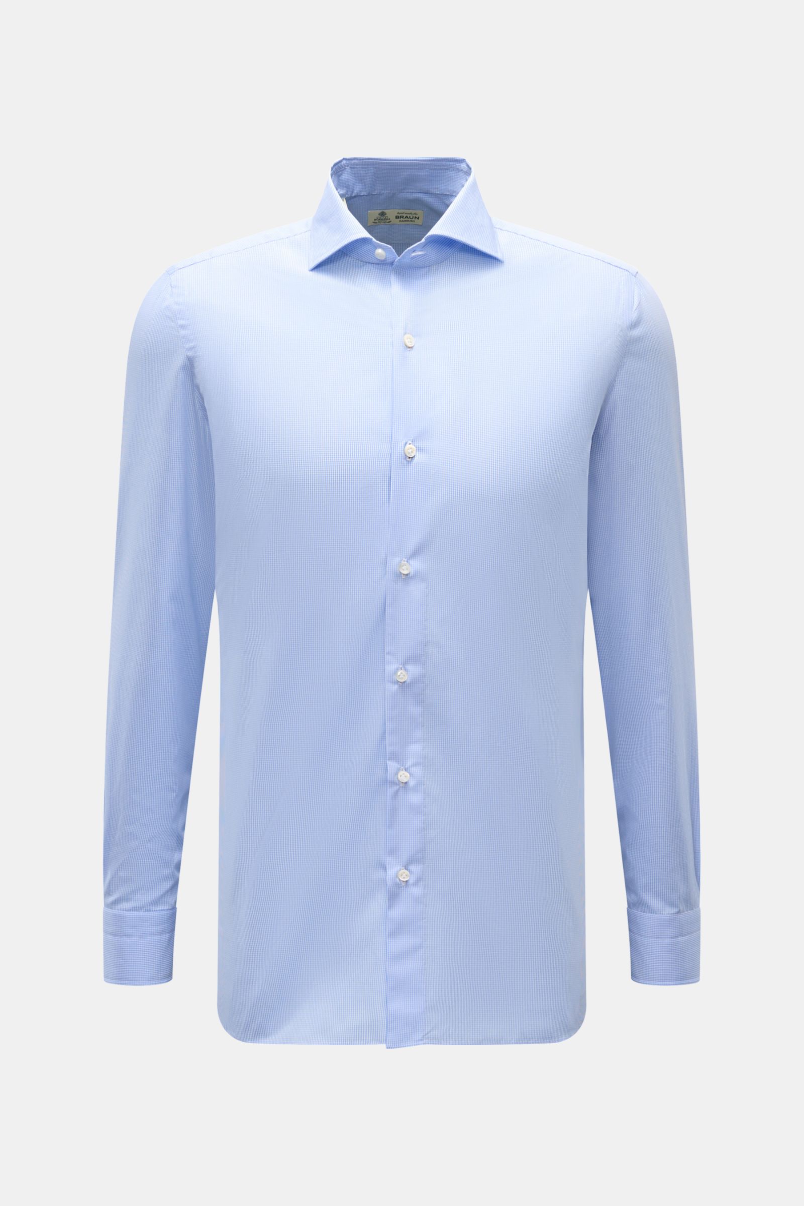 Borrelli Business Hemd 'Nando' Haifisch-Kragen hellblau/weiß kariert, Popeline Baumwolle, Slim Fit, glatter Griff, Haifisch-Kragen, Perlmuttknöpfe, Sportmanschette, gerundeter Saum, frontale Ansicht.