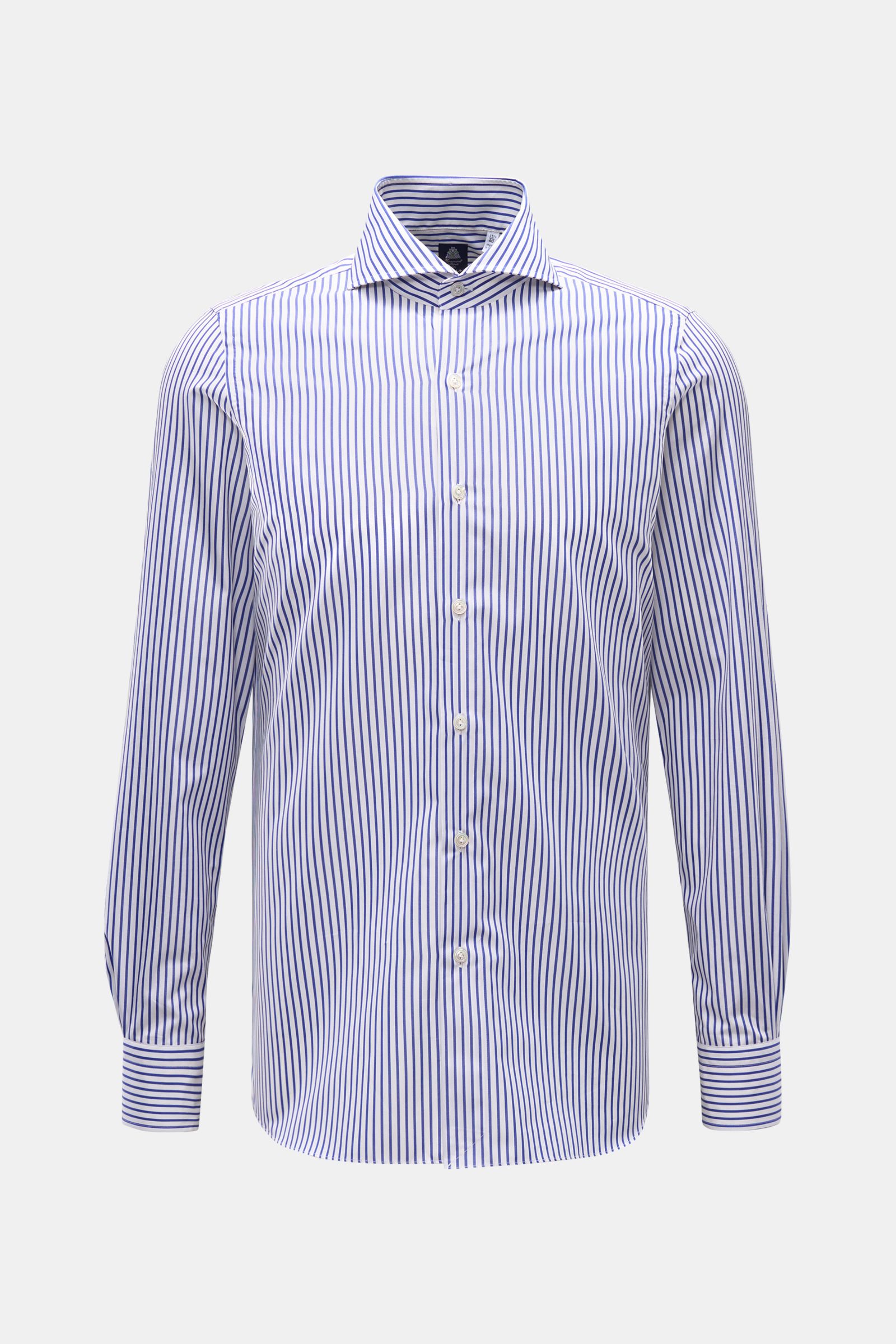 Front view of Finamore Business shirt 'Sergio Napoli' shark collar blue/white striped with extra-long sleeves, slim fit, French button placket, and classic barrel cuffs. Outstanding craftsmanship with an Italian sense of style: A subtle striped design and