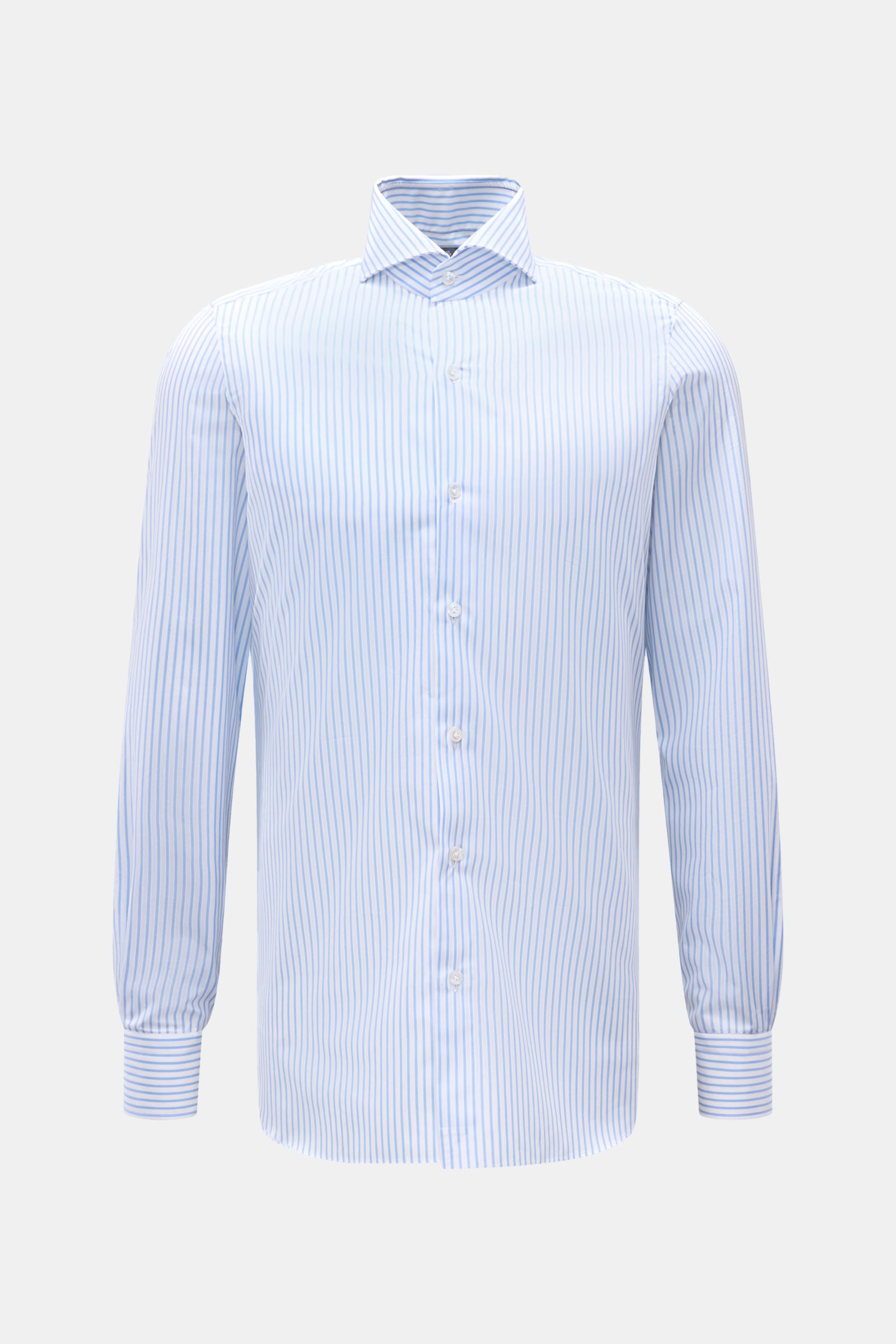 Finamore Business Hemd 'Sergio Napoli' Haifisch-Kragen hellblau/weiß gestreift, Popeline, Regular Fit, glatter Griff, extralange Ärmel, Sportmanschette, Frontansicht.