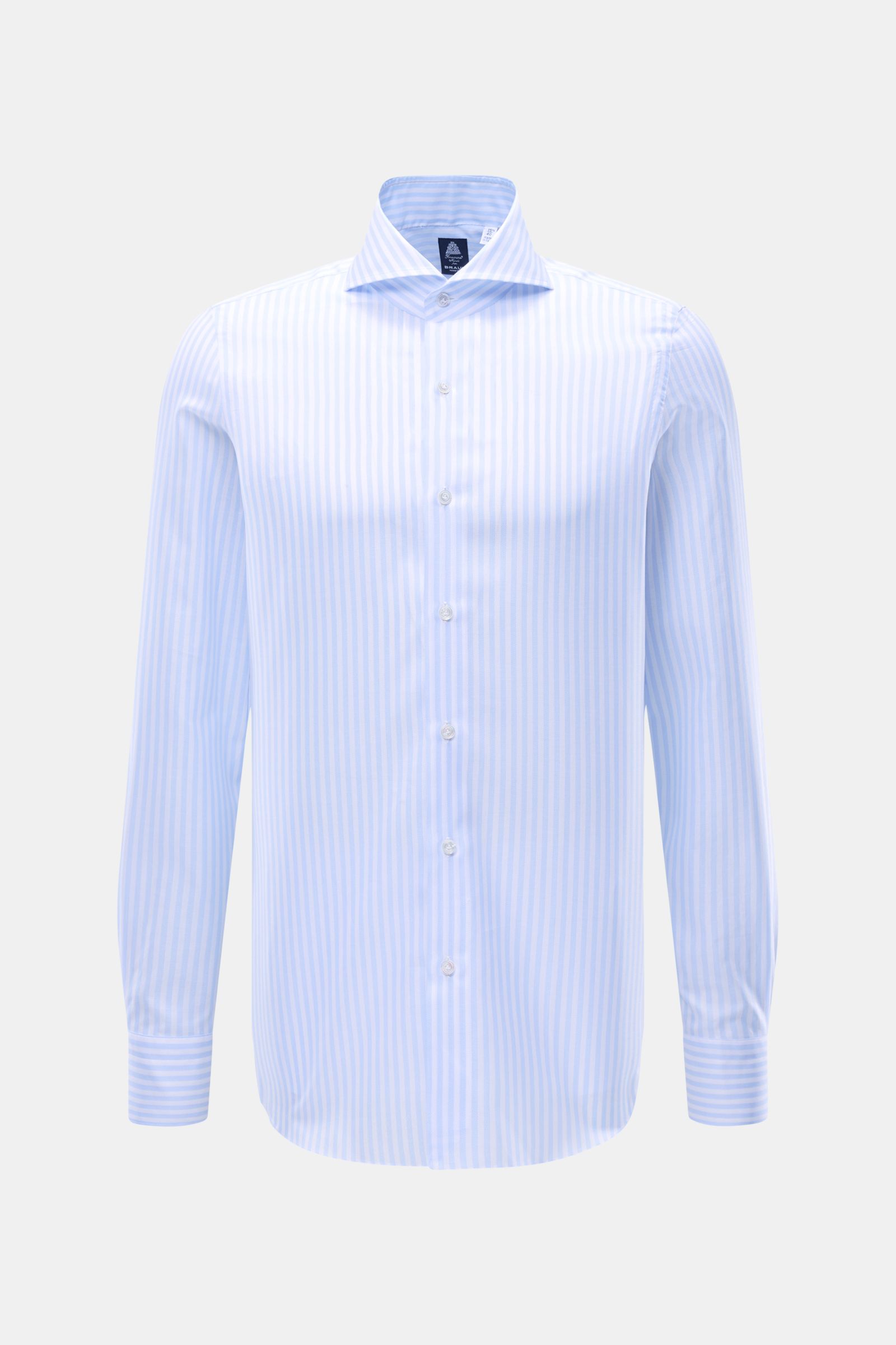 Front view of Finamore Business shirt 'Sergio Napoli' shark collar light blue/white striped, pure cotton, smooth feel, lightweight fabric.