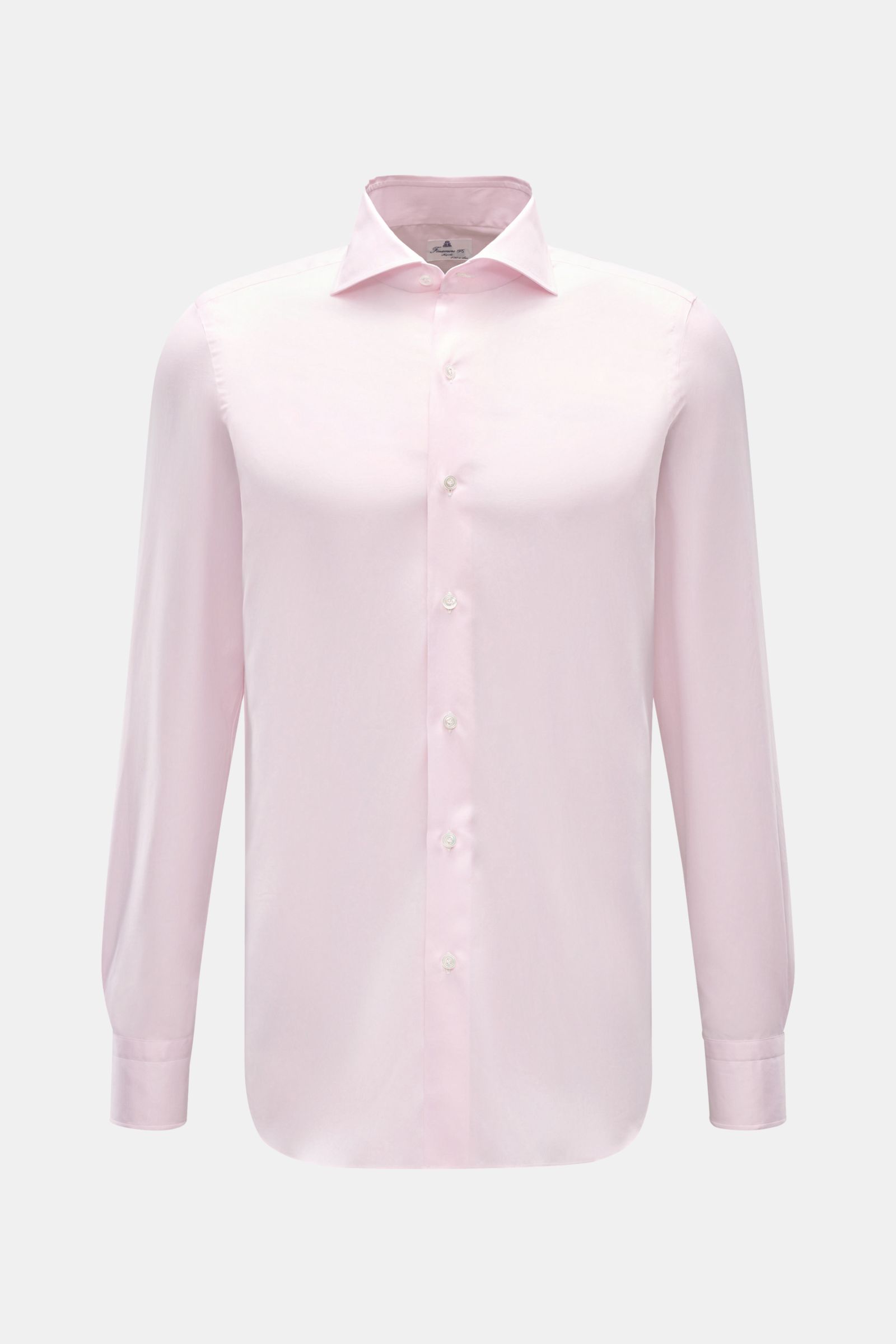 Finamore Business Hemd 'Edoardo Napoli' Haifisch-Kragen rosé, Slim Fit, weiche Giza-Baumwolle, französische Knopfleiste, Sportmanschette, frontale Aufnahme.