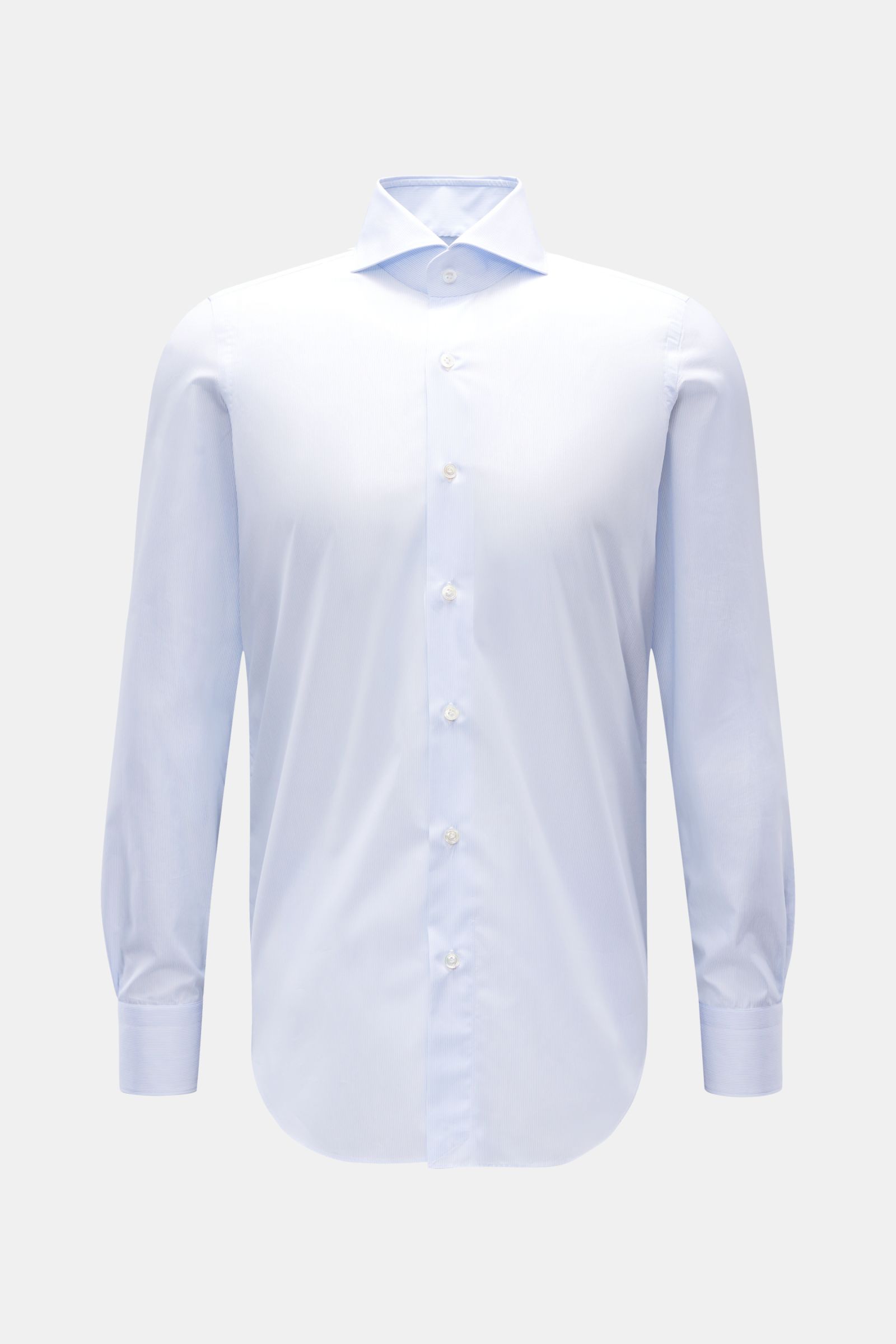 Finamore Business Hemd 'Sergio Milano' Haifisch-Kragen hellblau/weiß gestreift, slim fit, Popeline, weiche Giza-Baumwolle, Vorderansicht.