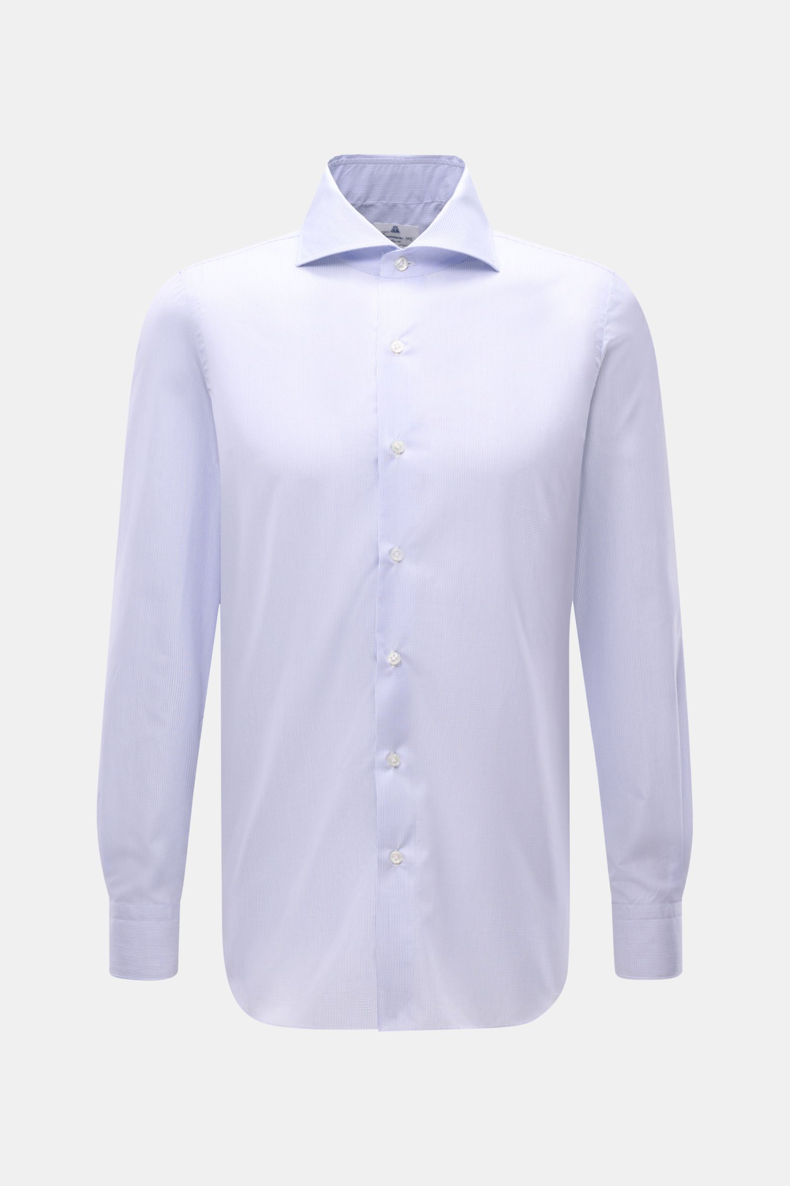 Finamore Business shirt 'Sergio Milano' shark collar blue/white checked shown from the front, extra slim fit with French button placket. Effortlessly create stylish business outfits with the shirt 'Sergio Milano' from the 170 a due line by FINAMORE in exc