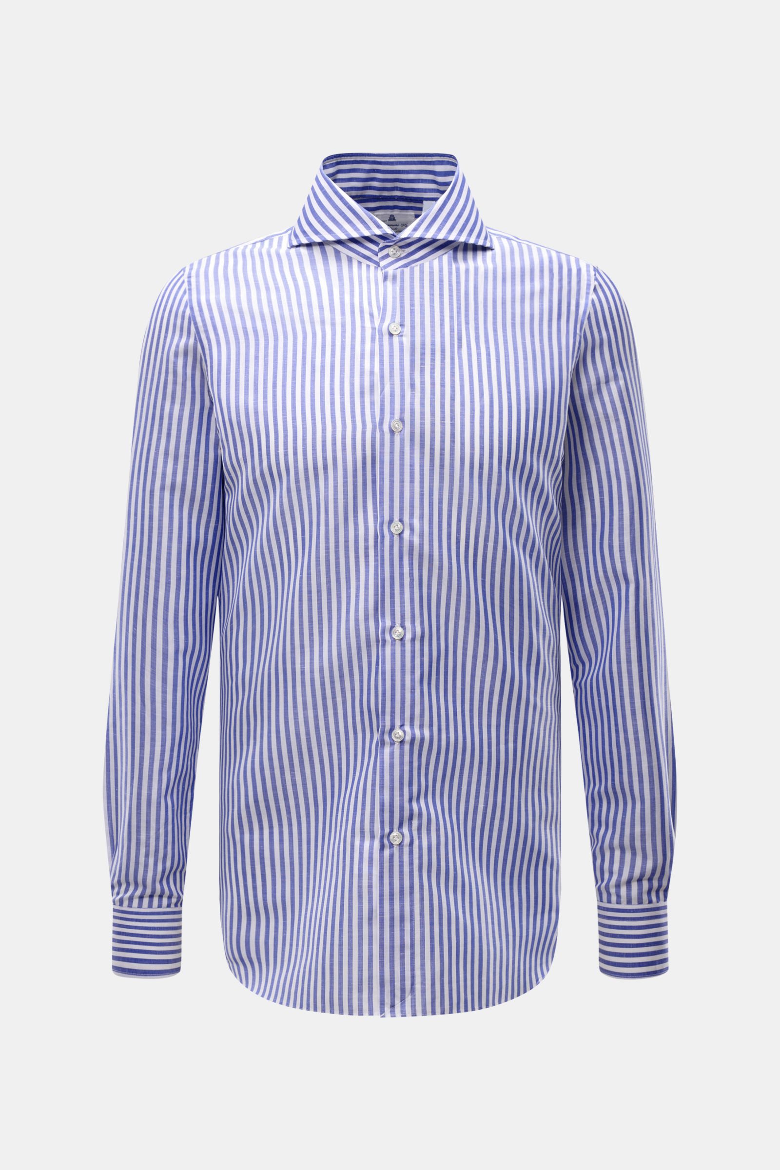 Finamore Business Hemd 'Sergio Napoli' Haifisch-Kragen blau/weiß gestreift, slim fit, Leinen-Baumwollmix, feine Webstruktur, frontal fotografiert.