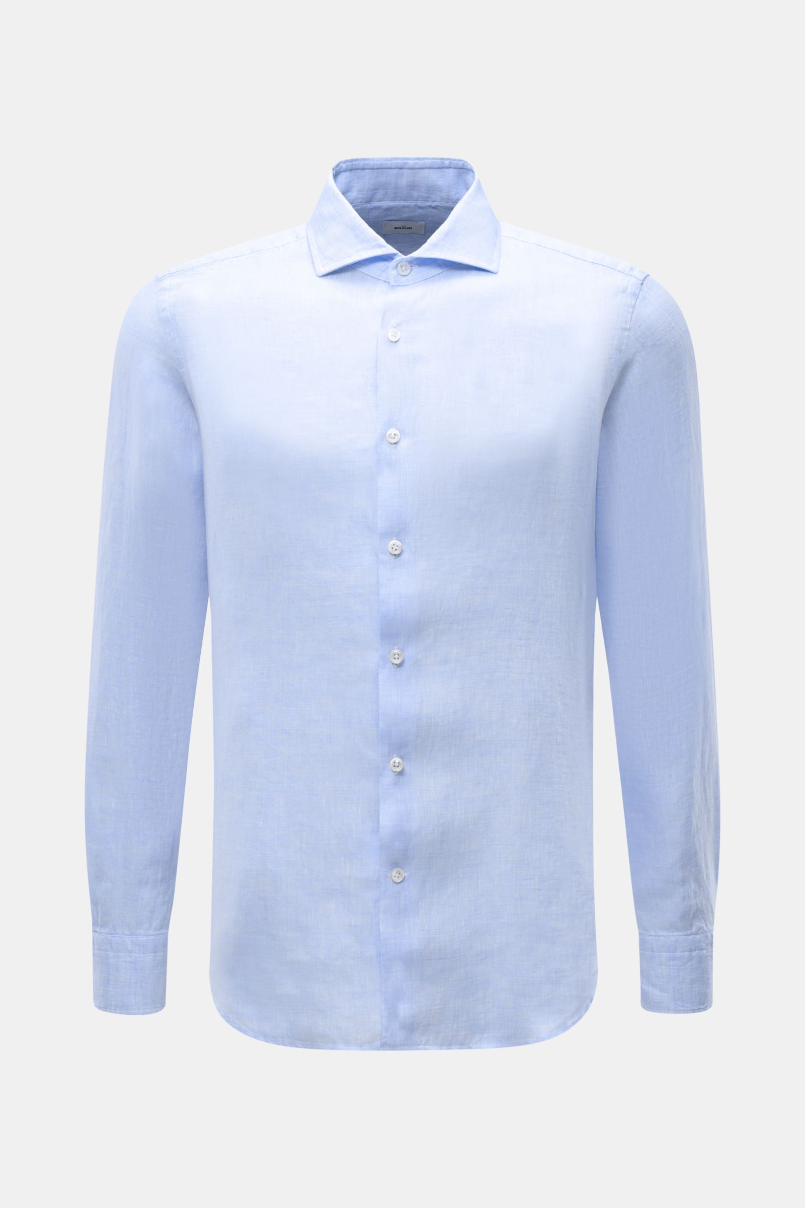 von Braun Leinenhemd Haifisch-Kragen hellblau meliert shown from the front, slim fit with rounded hem, shark collar, French placket, and classic cuffs. Mühelose Leichtigkeit