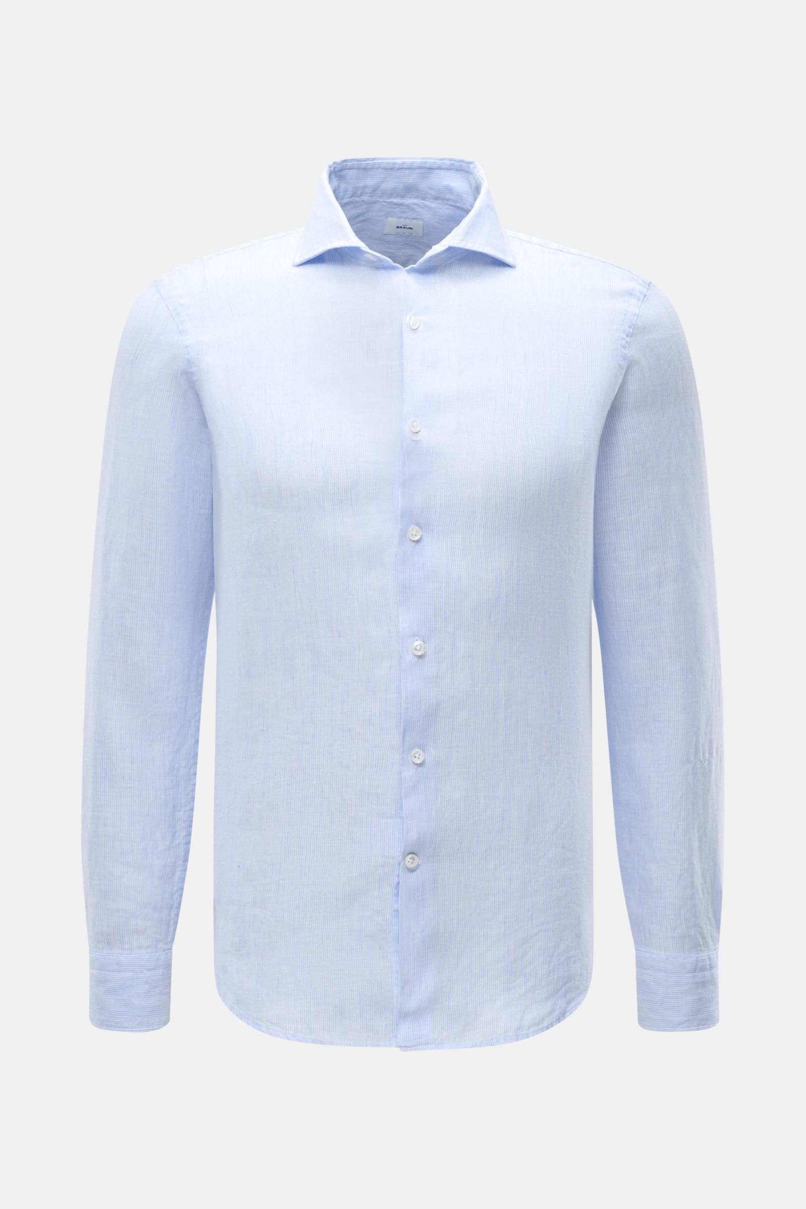 von Braun Leinenhemd Haifisch-Kragen hellblau/weiß gestreift, front view of slim fit pure linen shirt with shark collar, fine stripes, soft texture, and rounded hem, airy and lightweight for warm seasons. Mühelose 