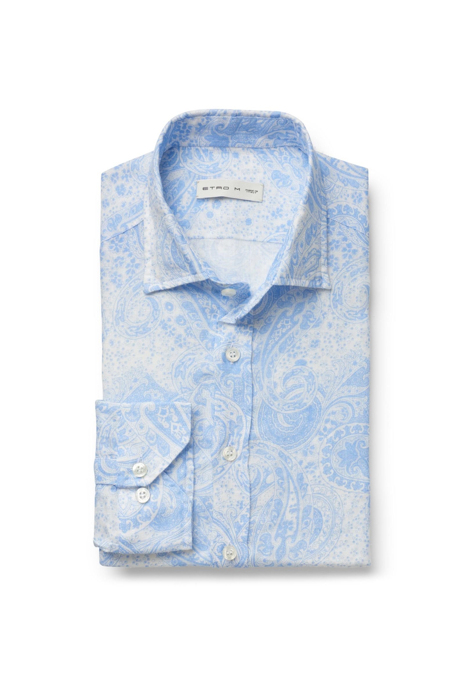 Linen shirt narrow collar light blue patterned