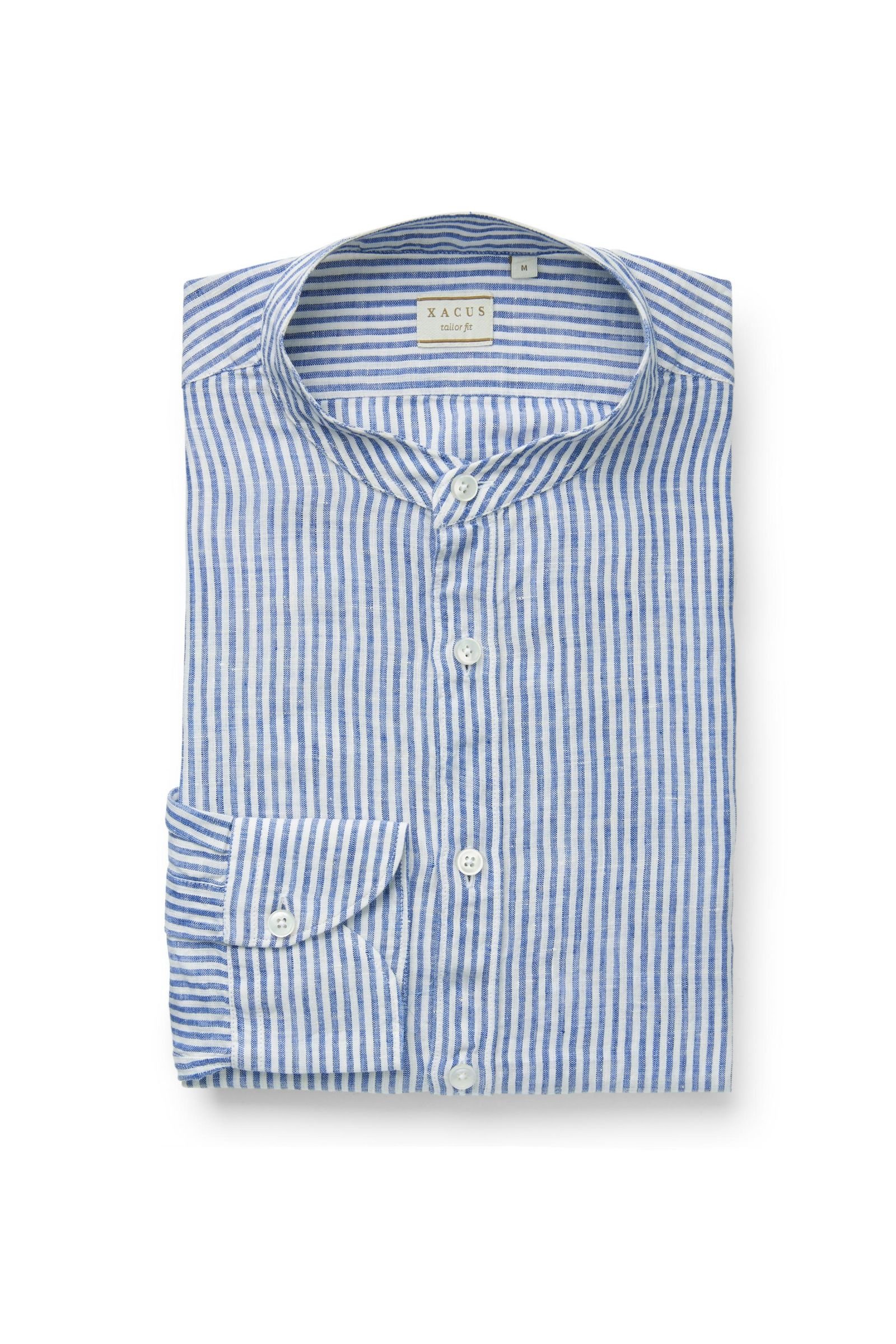Linen shirt 'tailored fit' Grandad collar dark blue striped