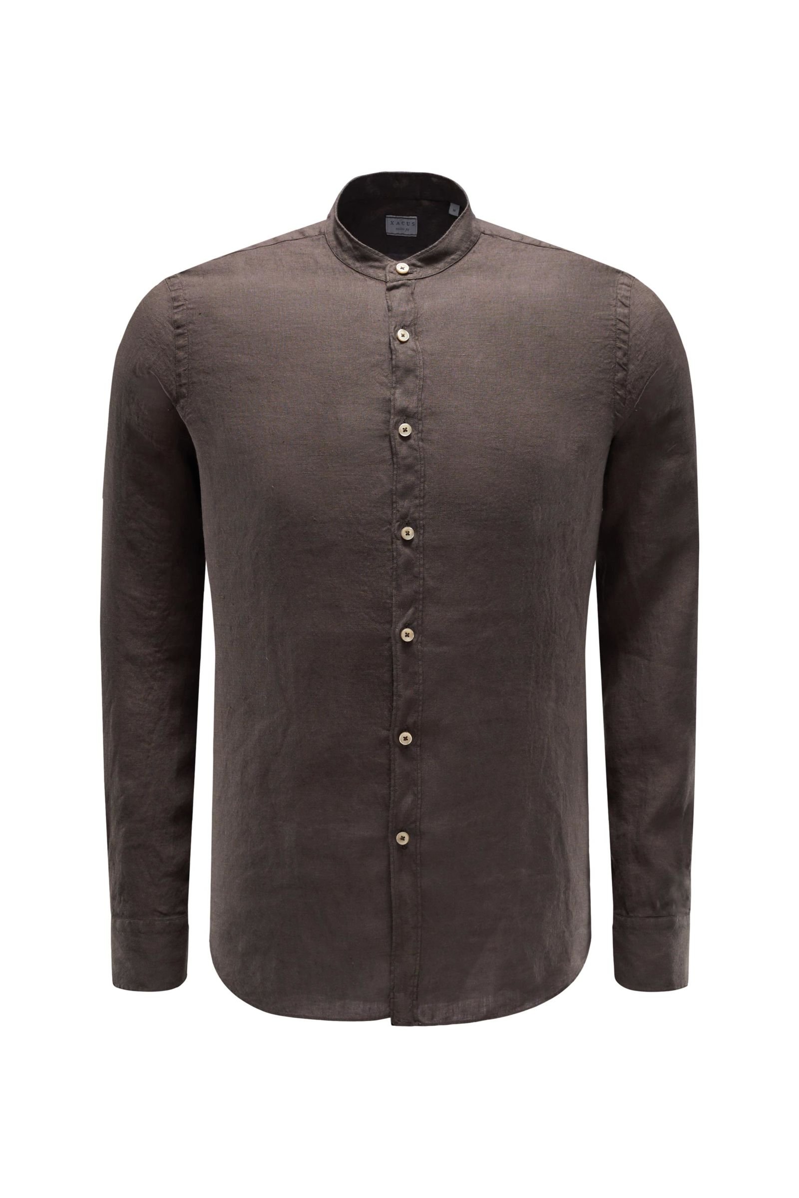 Linen shirt 'Tailor Fit' grandad collar dark brown