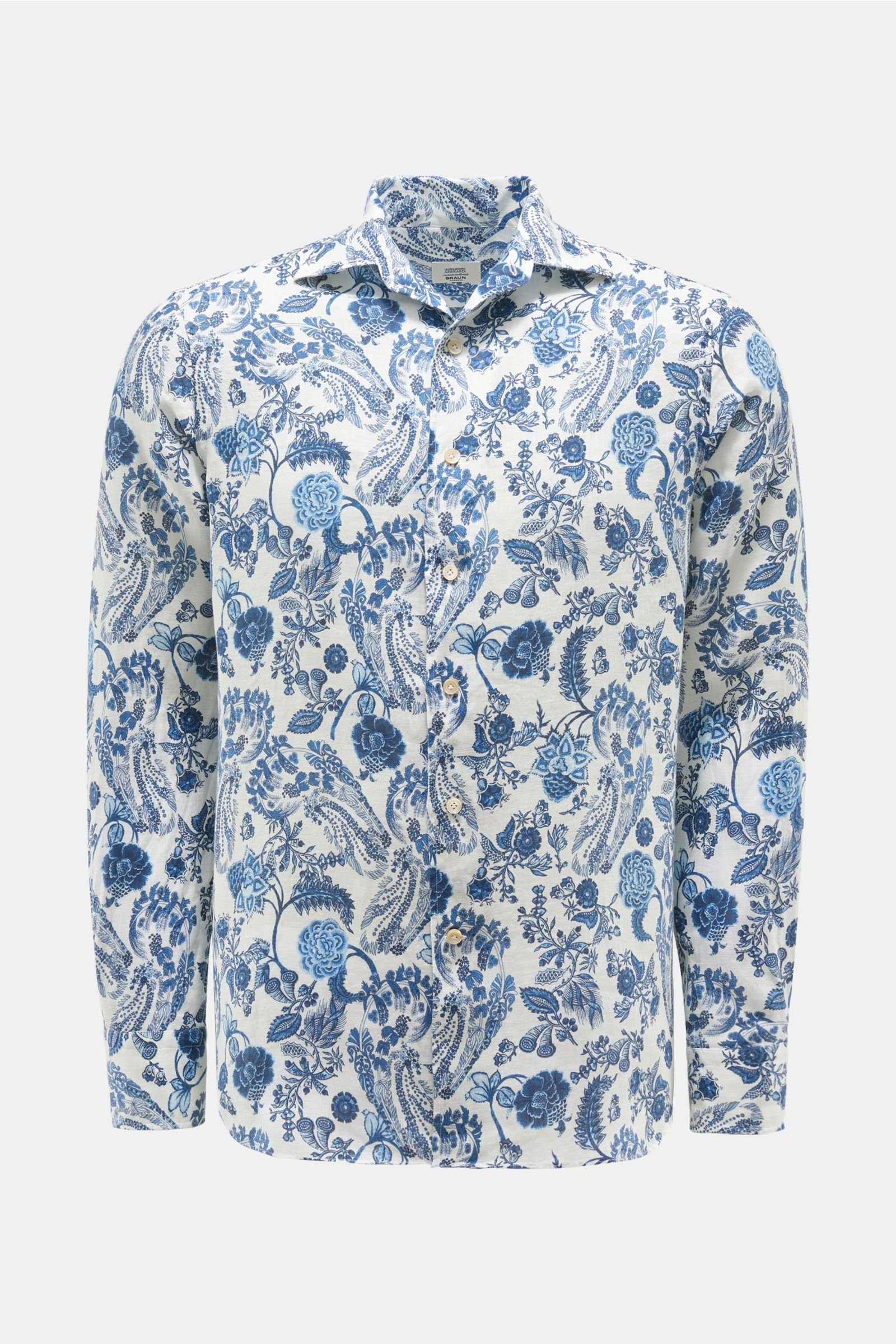 Linen shirt shark collar white/navy patterned
