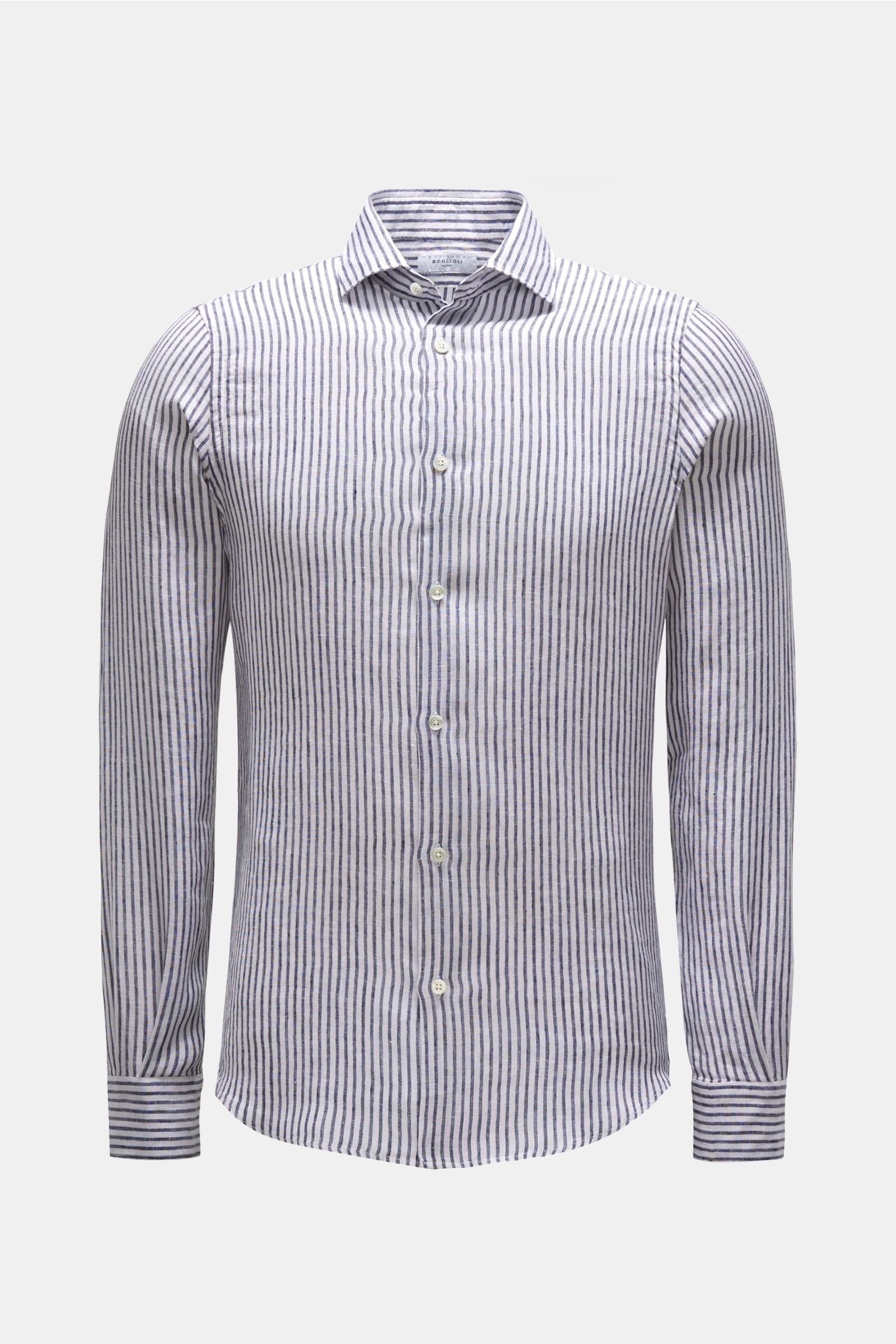 Linen shirt narrow collar navy/white striped