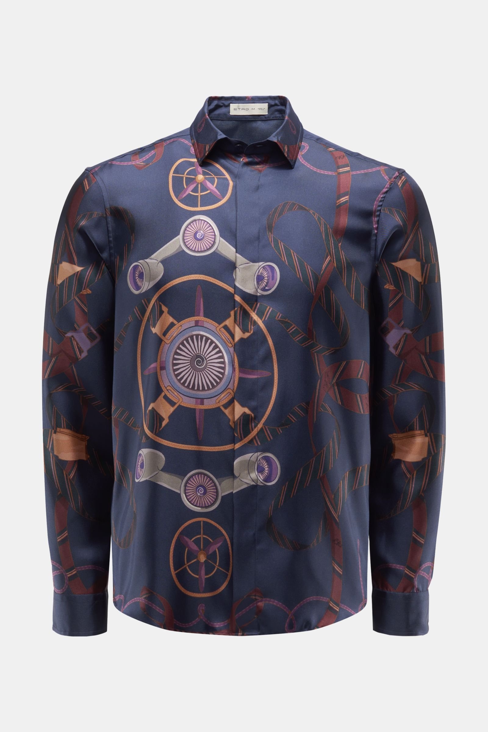 Silk shirt slim collar navy/burgundy patterned