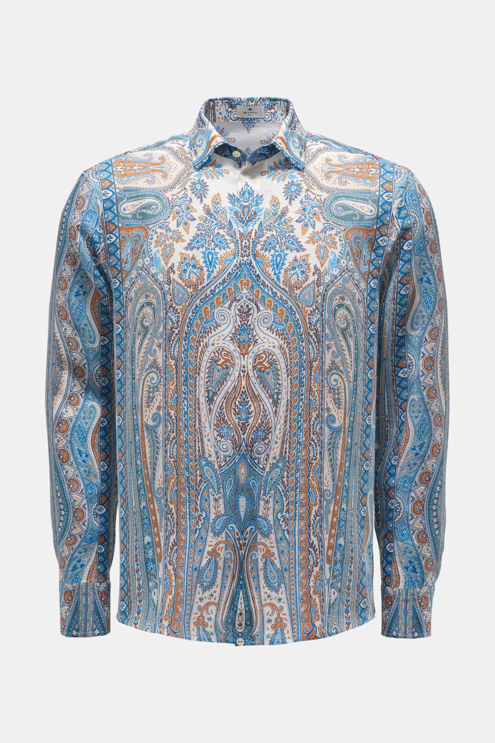 Linen shirt Kent collar light blue/orange patterned