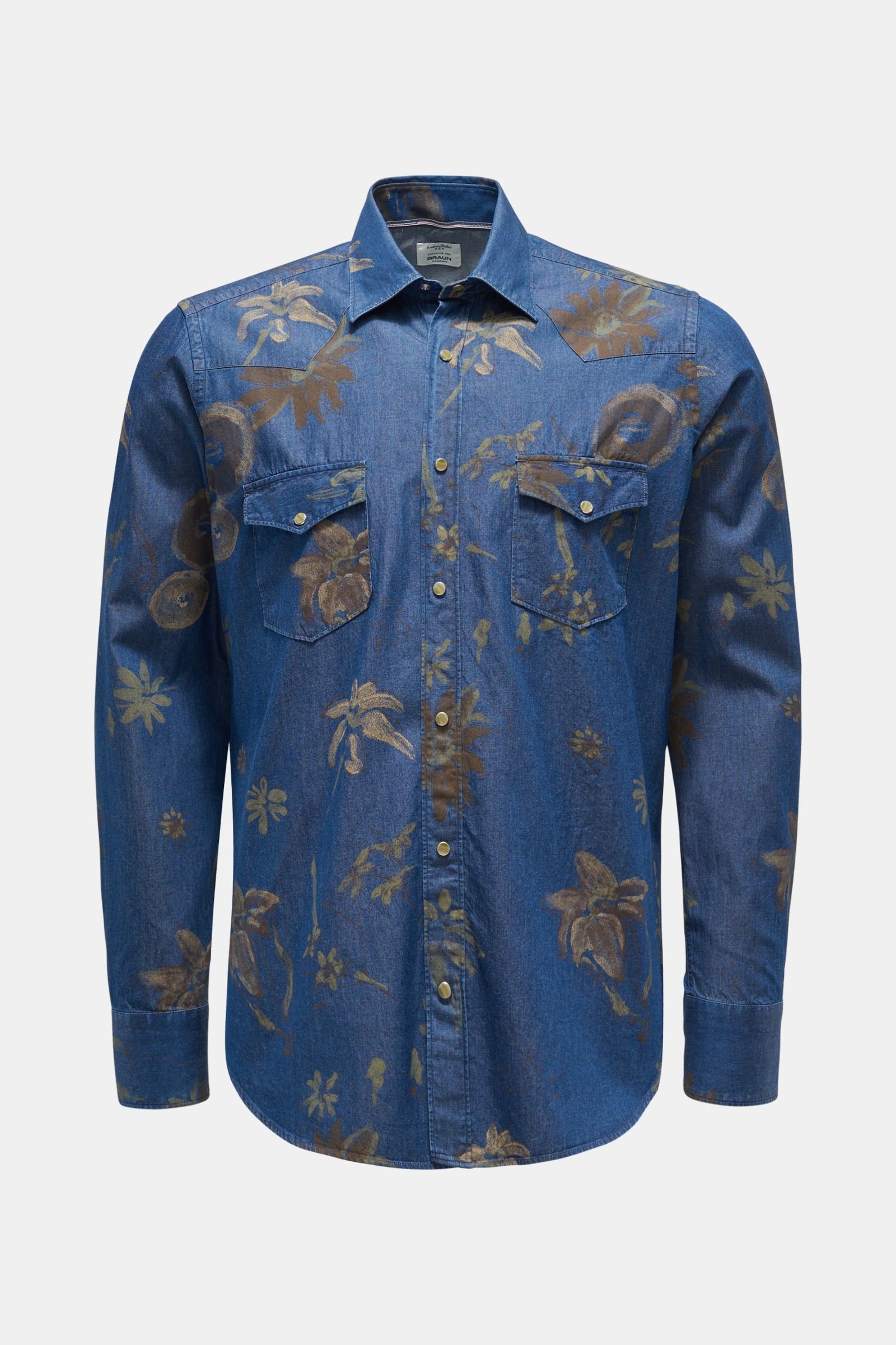 Chambray shirt Kent collar grey-blue/brown patterned