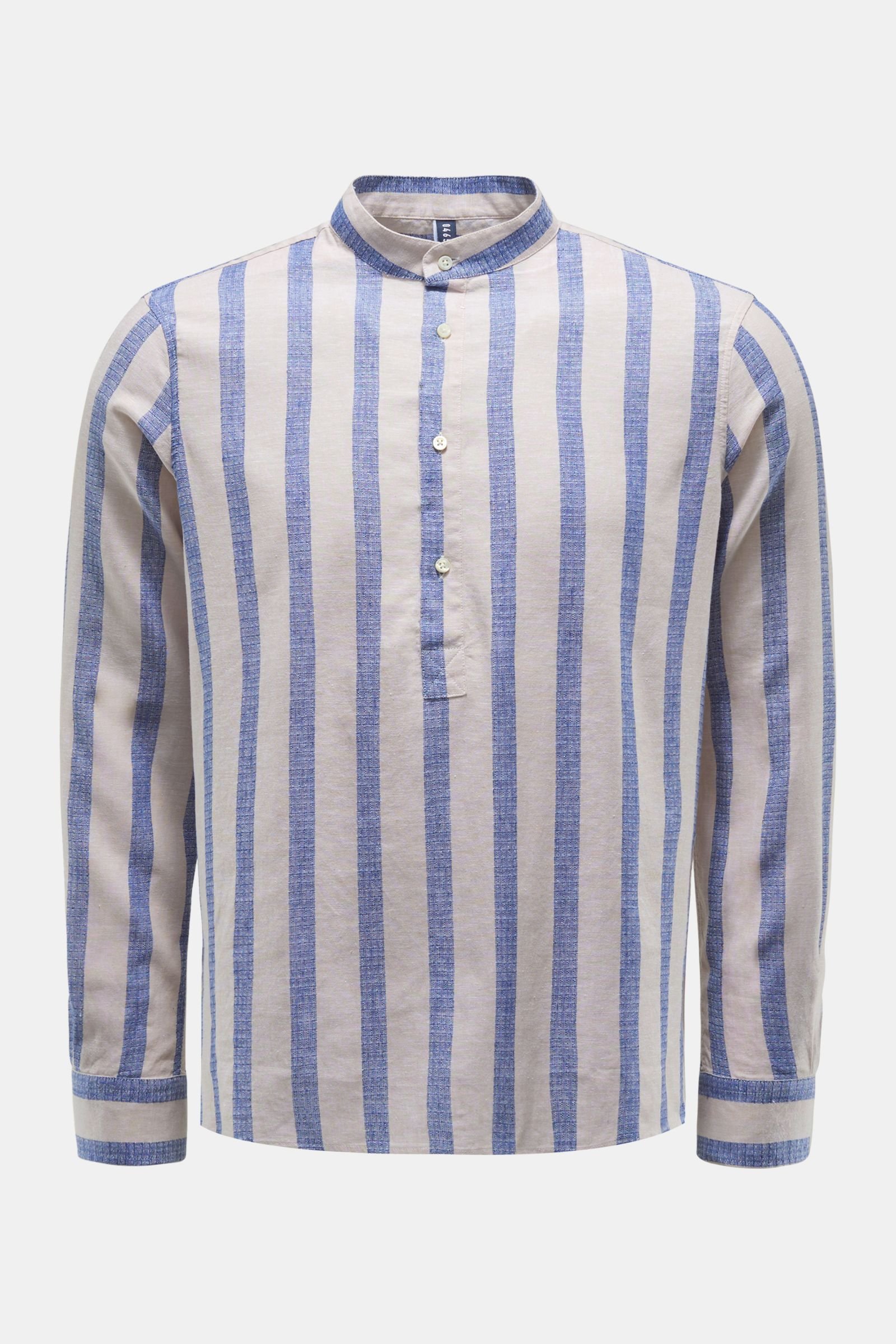 Popover shirt grandad collar grey-blue/beige striped