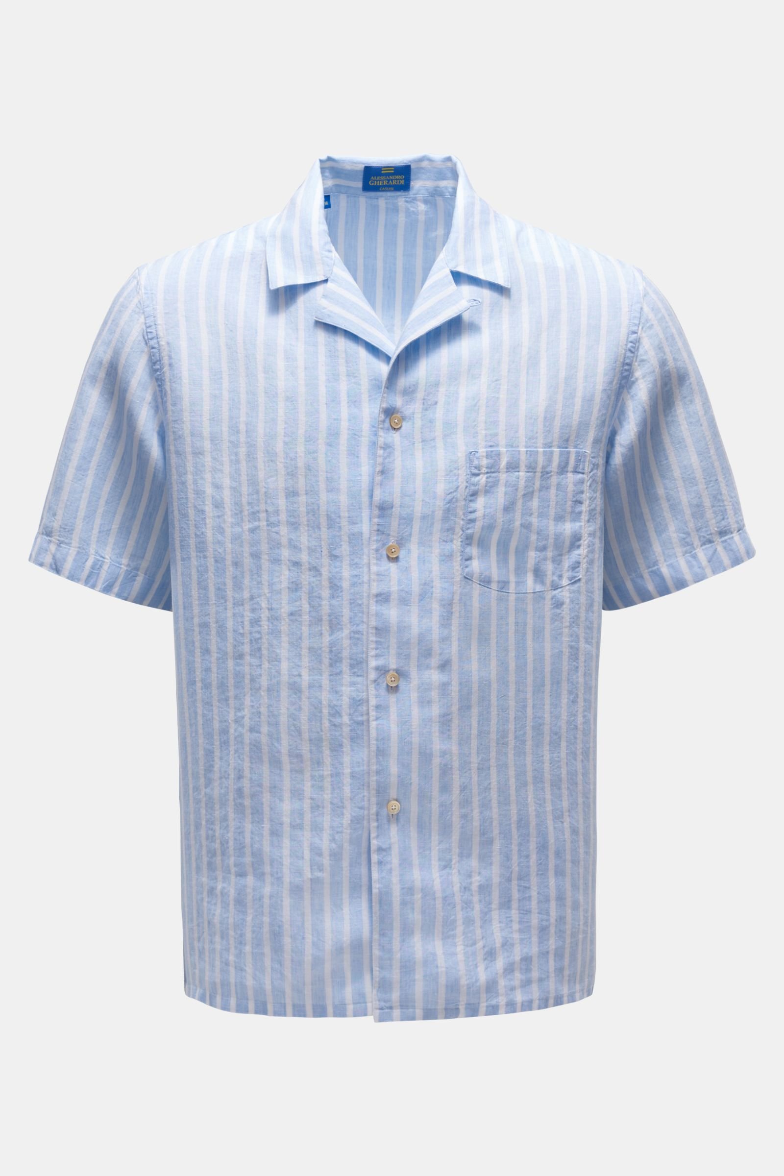 Leinen-Kurzarmhemd 'Miami' Kubanischer Kragen hellblau/weiß gestreift