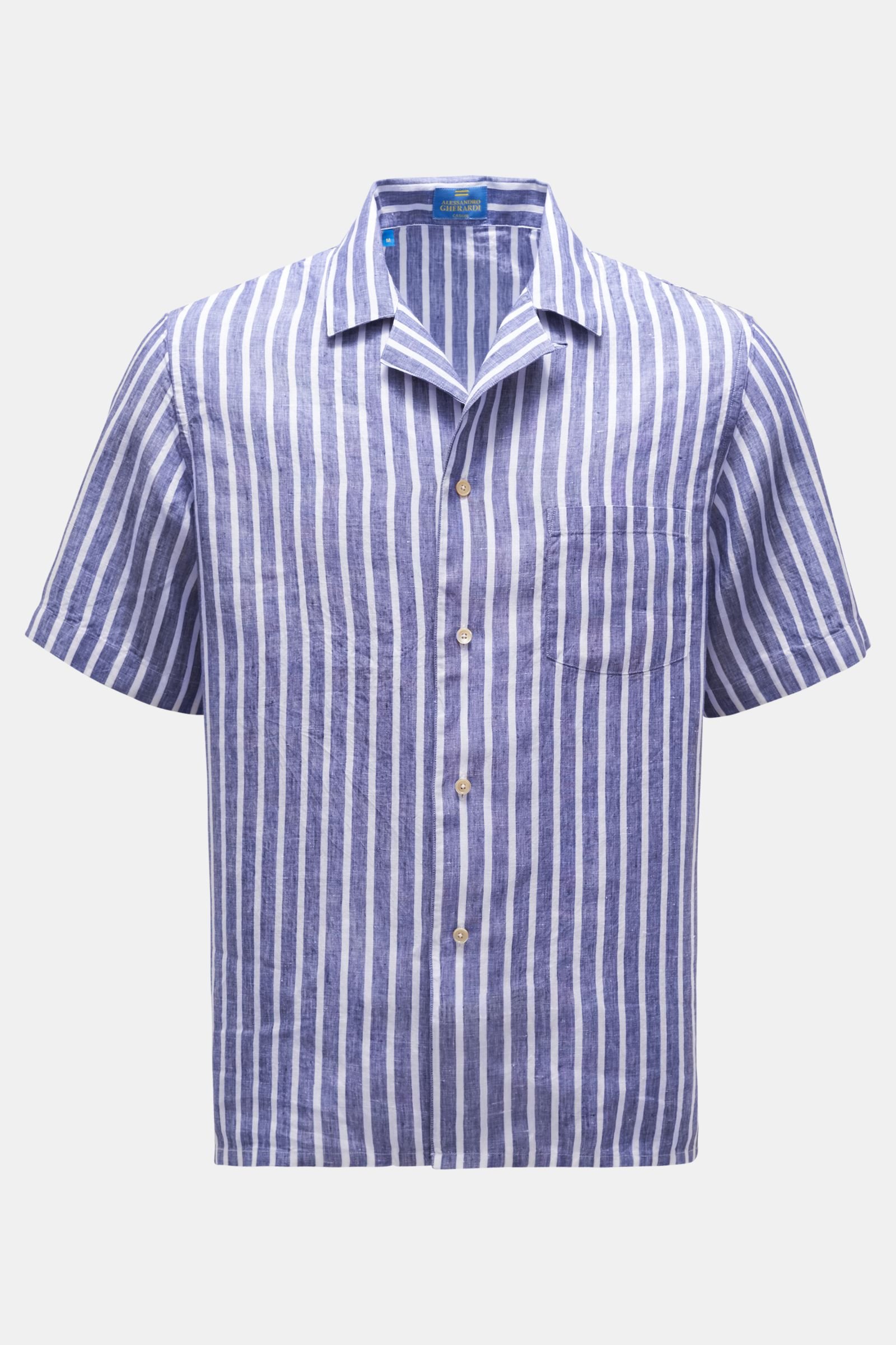 Linen short sleeve shirt 'Miami' Cuban collar navy/white striped