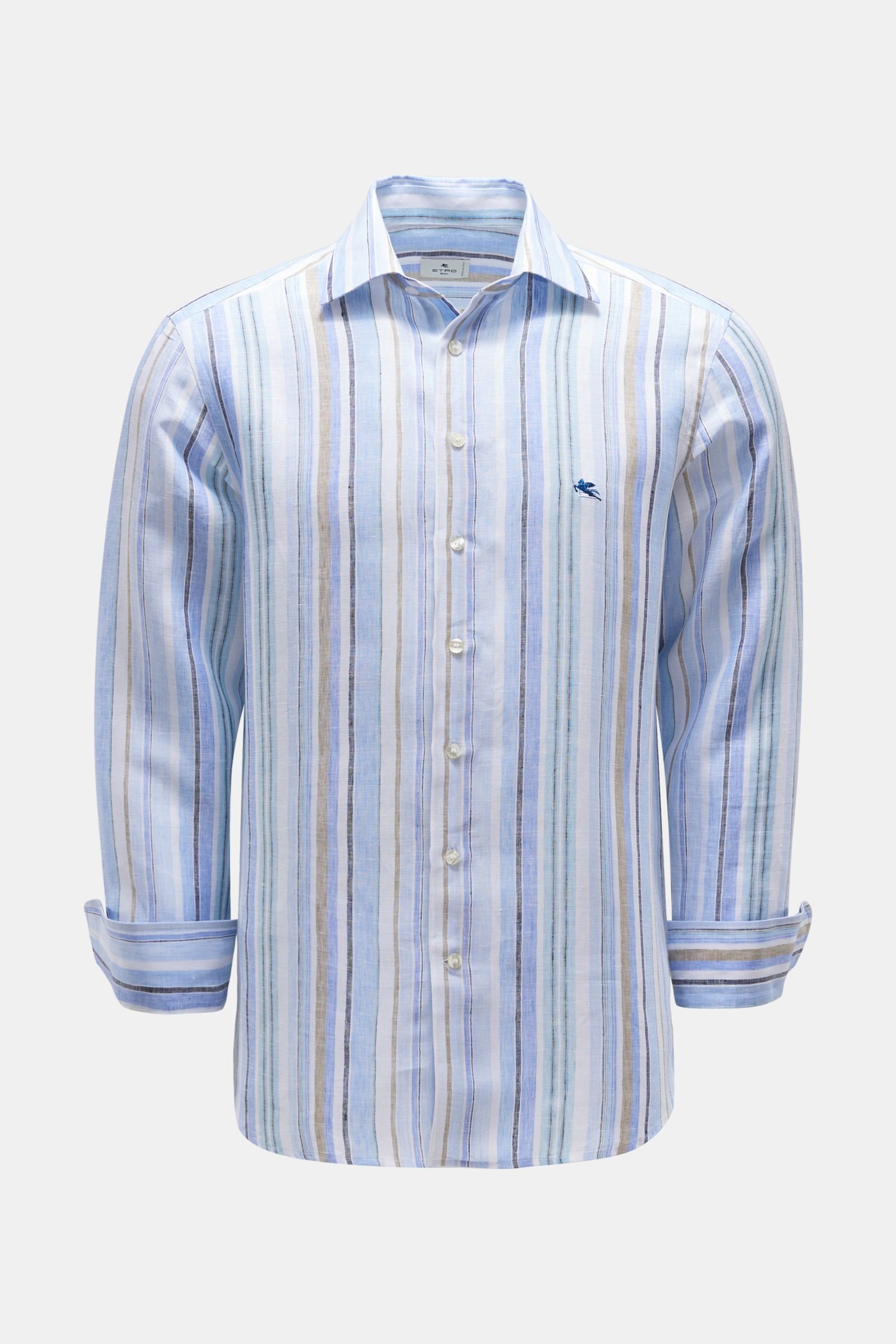 Linen shirt shark collar light blue/khaki/turquoise striped