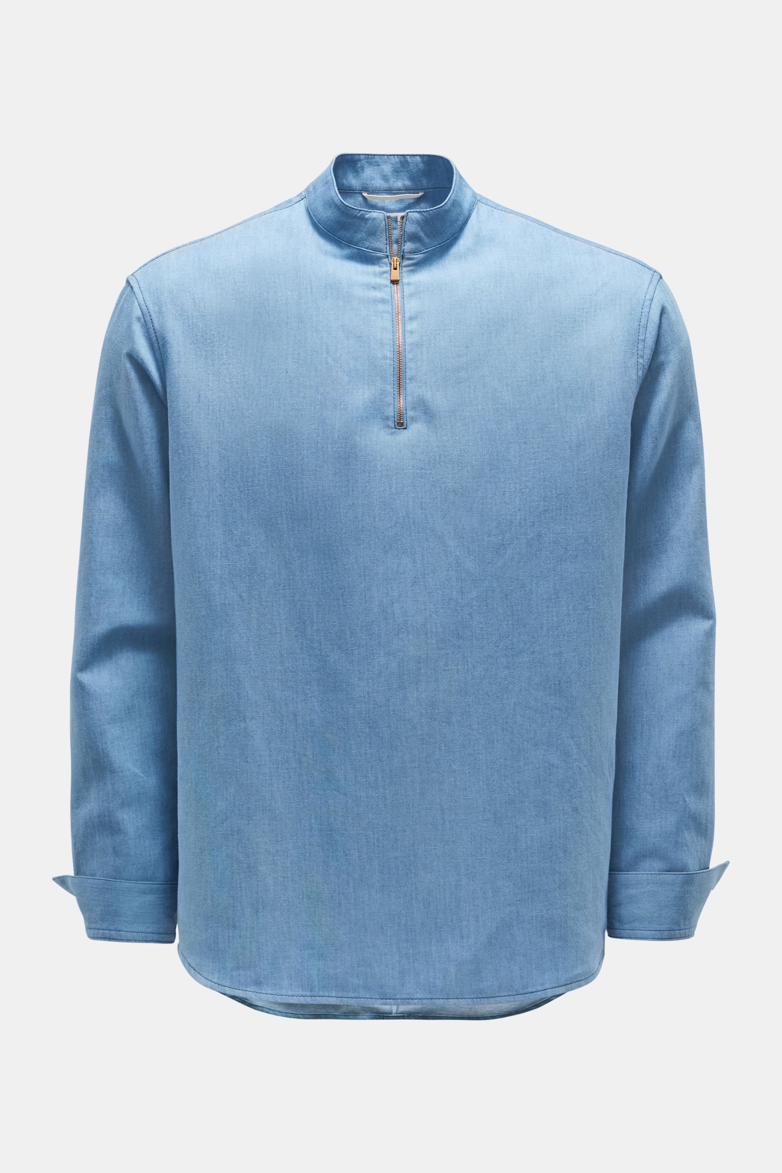 Popover denim shirt with grandad collar smoky blue