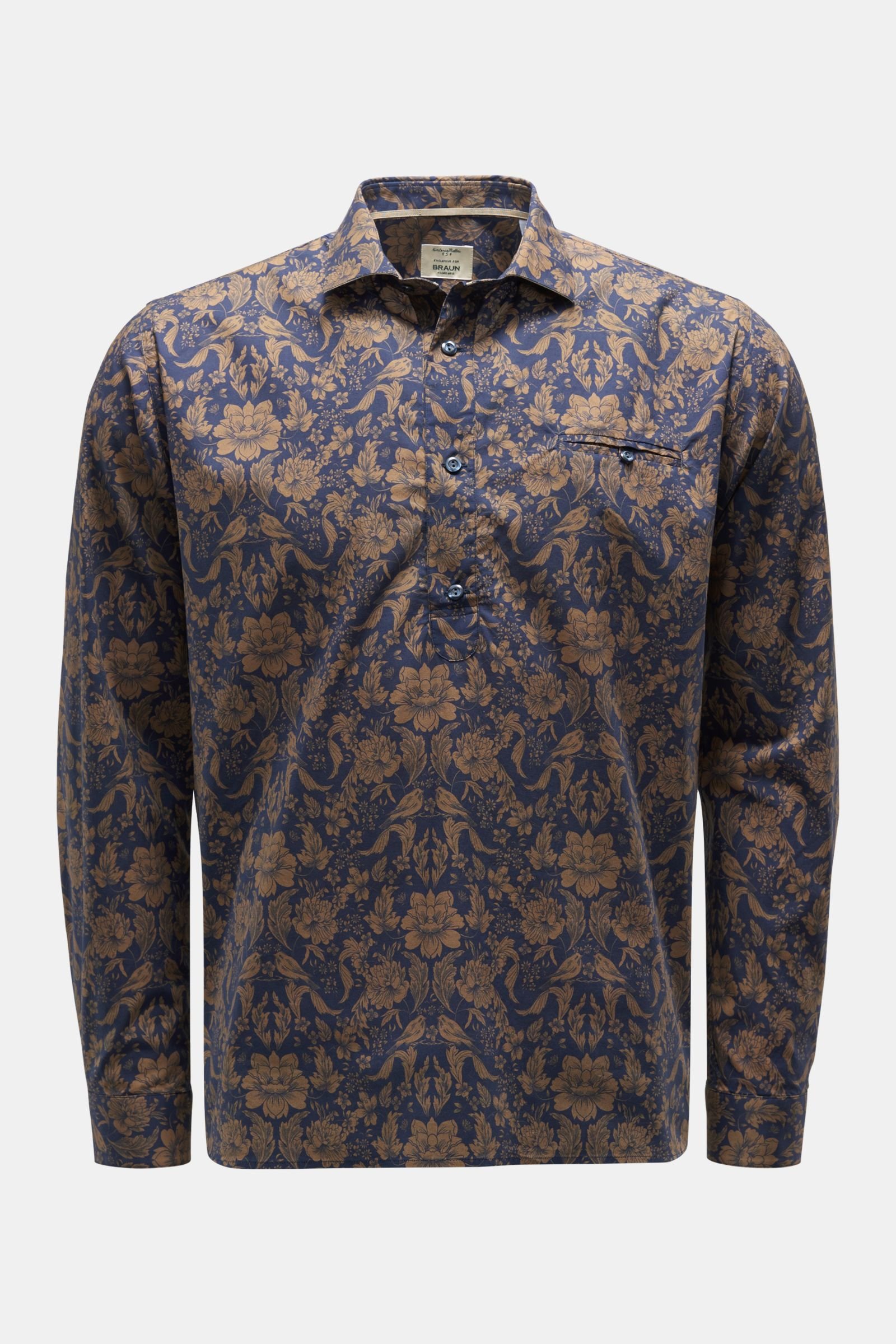 Popover shirt narrow collar navy/brown patterned