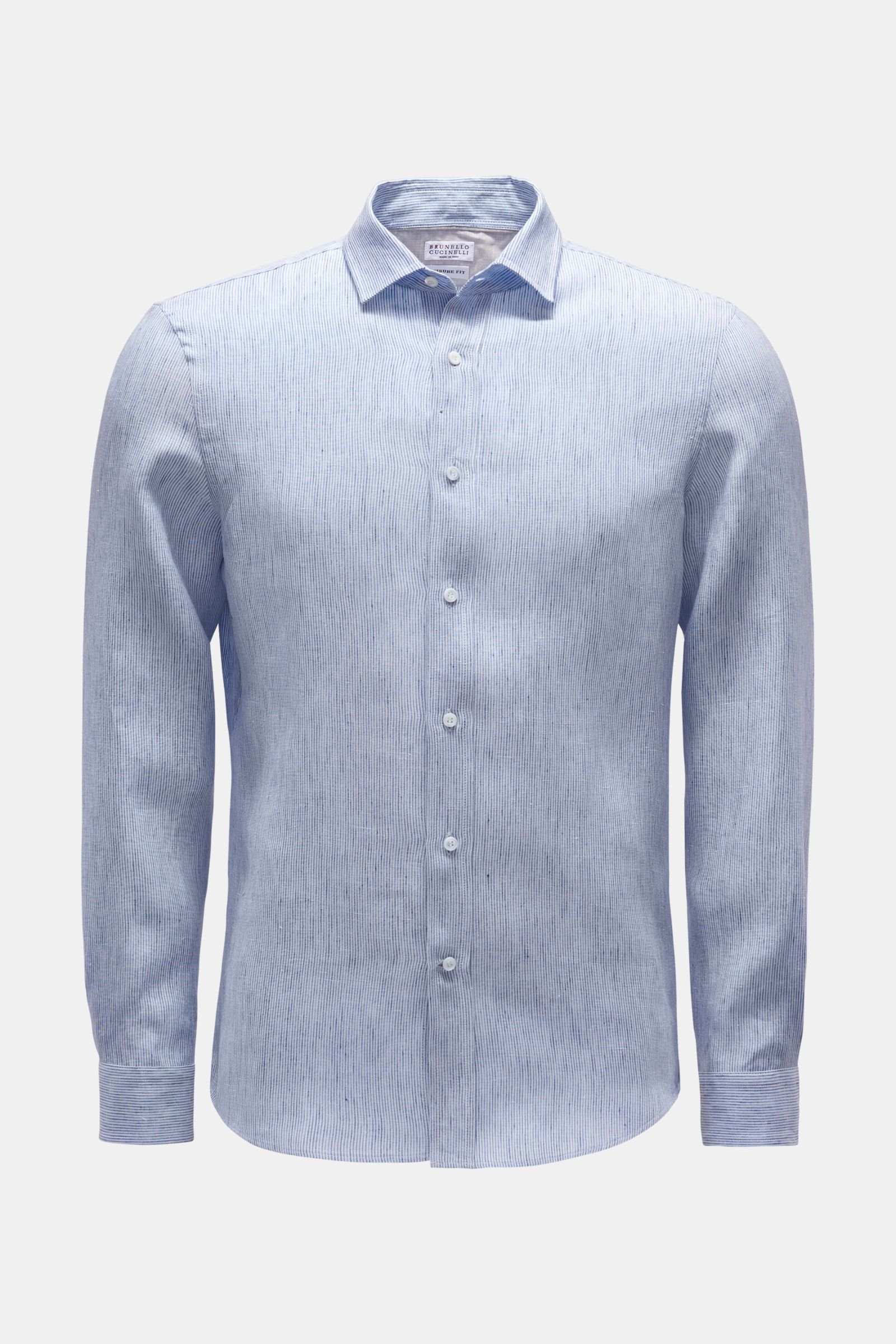 Linen shirt 'Leisure Fit' narrow collar dark blue/light blue striped