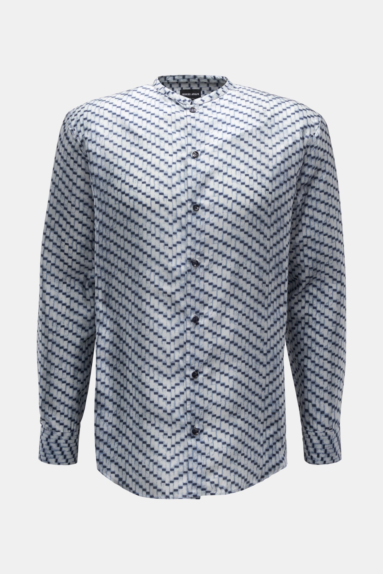 Silk shirt with grandad collar pastel blue/navy/grey-blue patterned