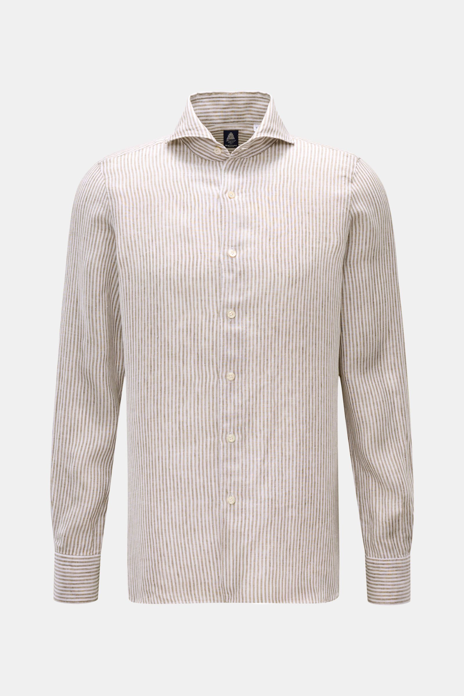 Finamore Leinenhemd 'Sergio Gaeta' Haifisch-Kragen taupe/weiß gestreift