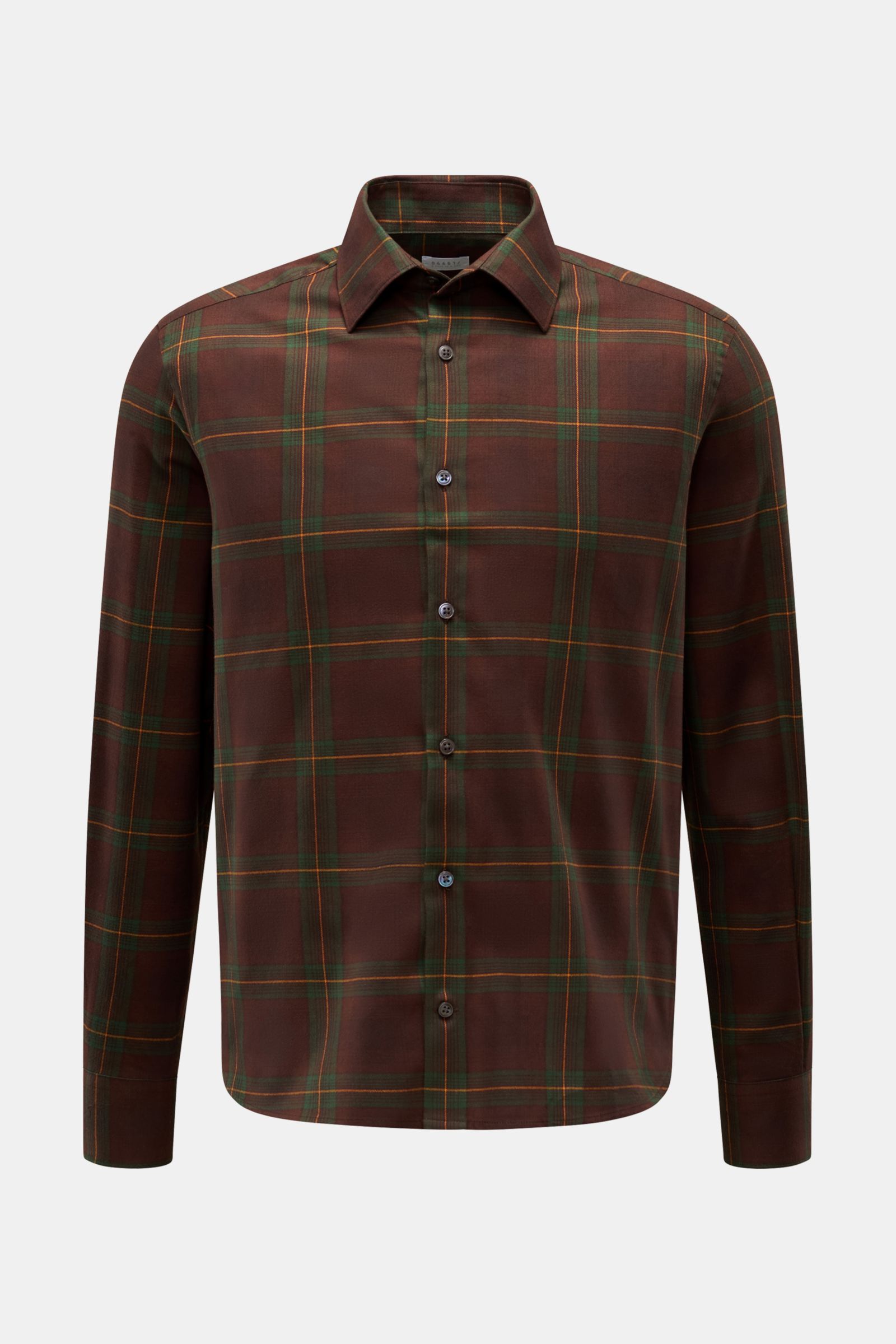 Front view of 04651/ A trip in a bag Flanellhemd Kent-Kragen braun/dunkelgrün/bordeaux kariert, a casual cut flannel shirt with classic Kent collar made from fine cotton twill, featuring a soft touch, regular fit, French button placket, classic sport cuff