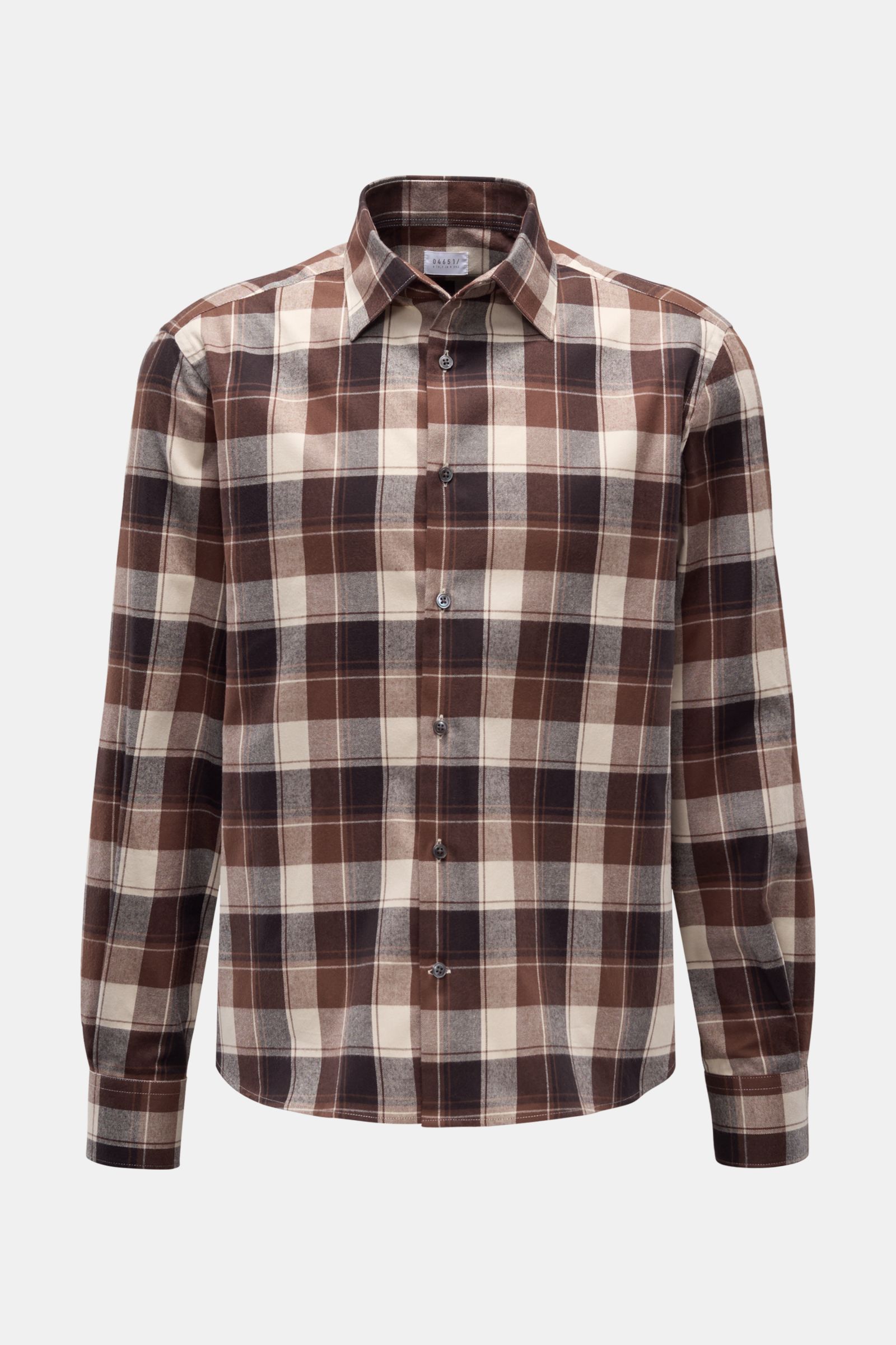 04651/ A trip in a bag Flanellhemd Kent-Kragen braun/anthrazit/creme kariert, frontale Ansicht, Twill aus Baumwolle, weicher Griff, Regular Fit, französische Knopfleiste, Sportmanschette, gerundeter Saum.