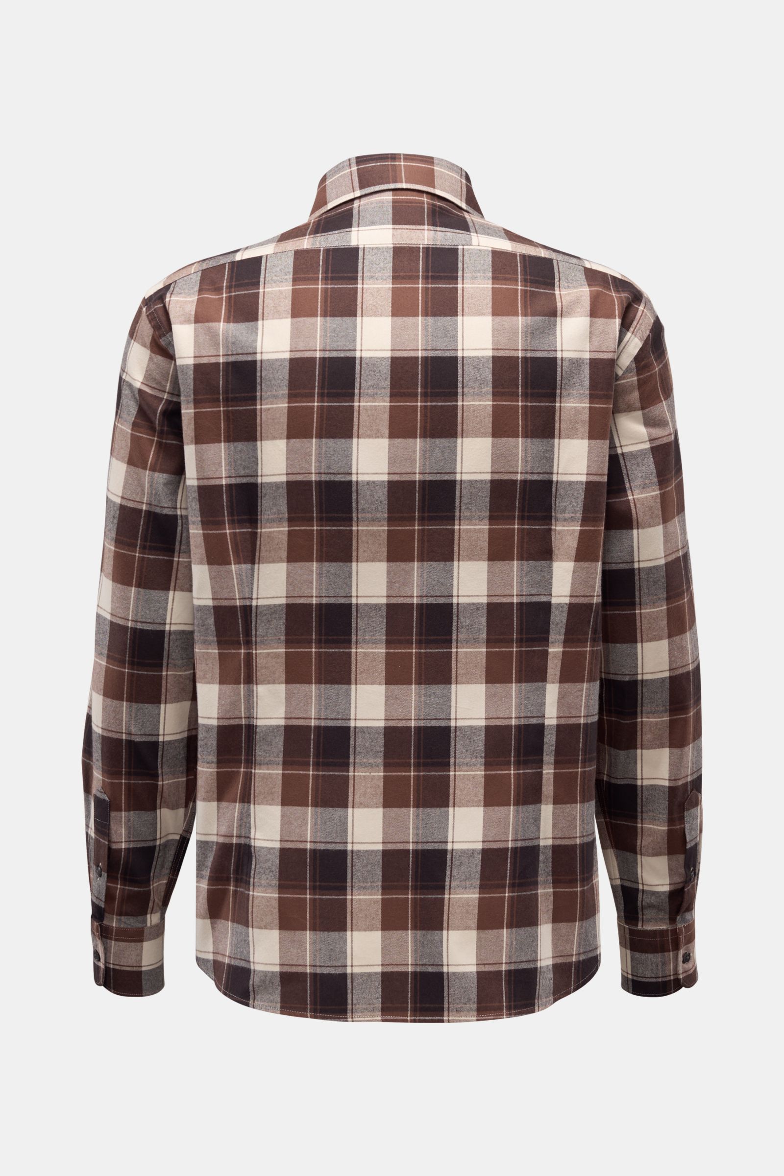 04651/ A trip in a bag Flanellhemd Kent-Kragen braun/anthrazit/creme kariert, Rückansicht, Twill-Baumwolle, Regular Fit, weicher Griff, gerundeter Saum.