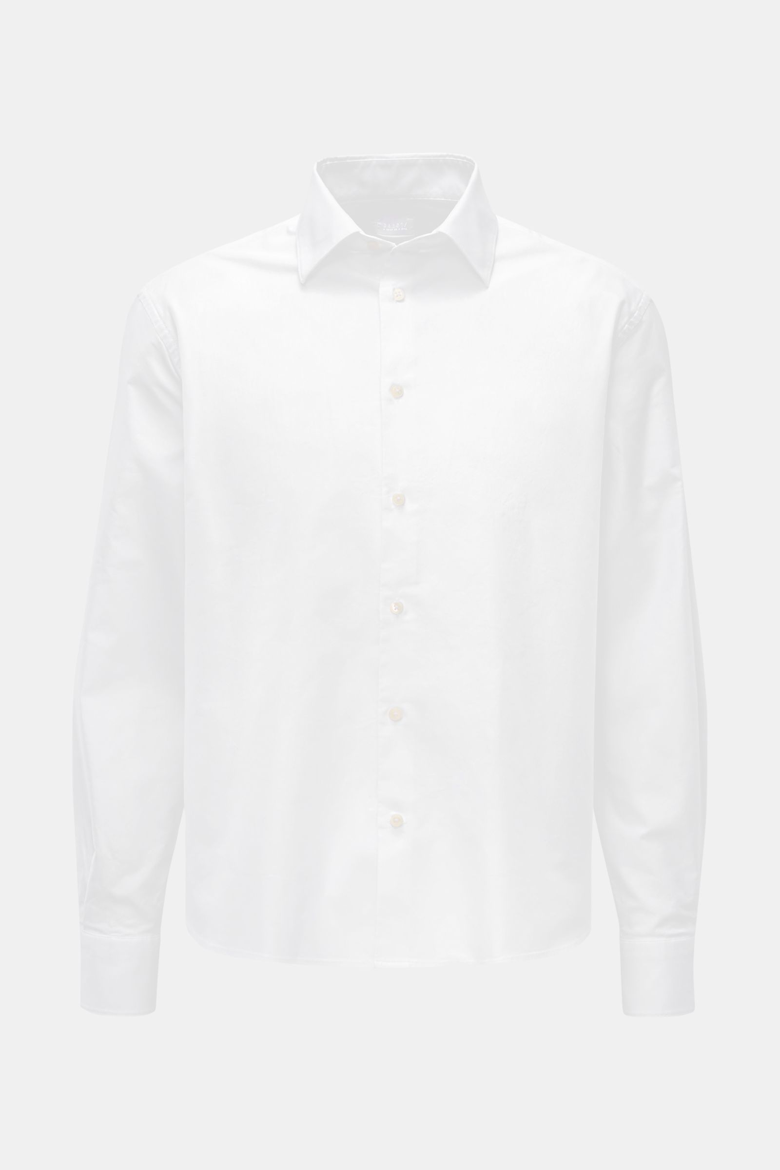 Front view of a classic white 04651/ A trip in a bag Oxford-Hemd Kent-Kragen weiß made from pure cotton, featuring a soft touch, Regular Fit, Kent collar, French button placket, classic sport cuffs, and rounded hem. Dieses klassisch schlichte Oxford-He